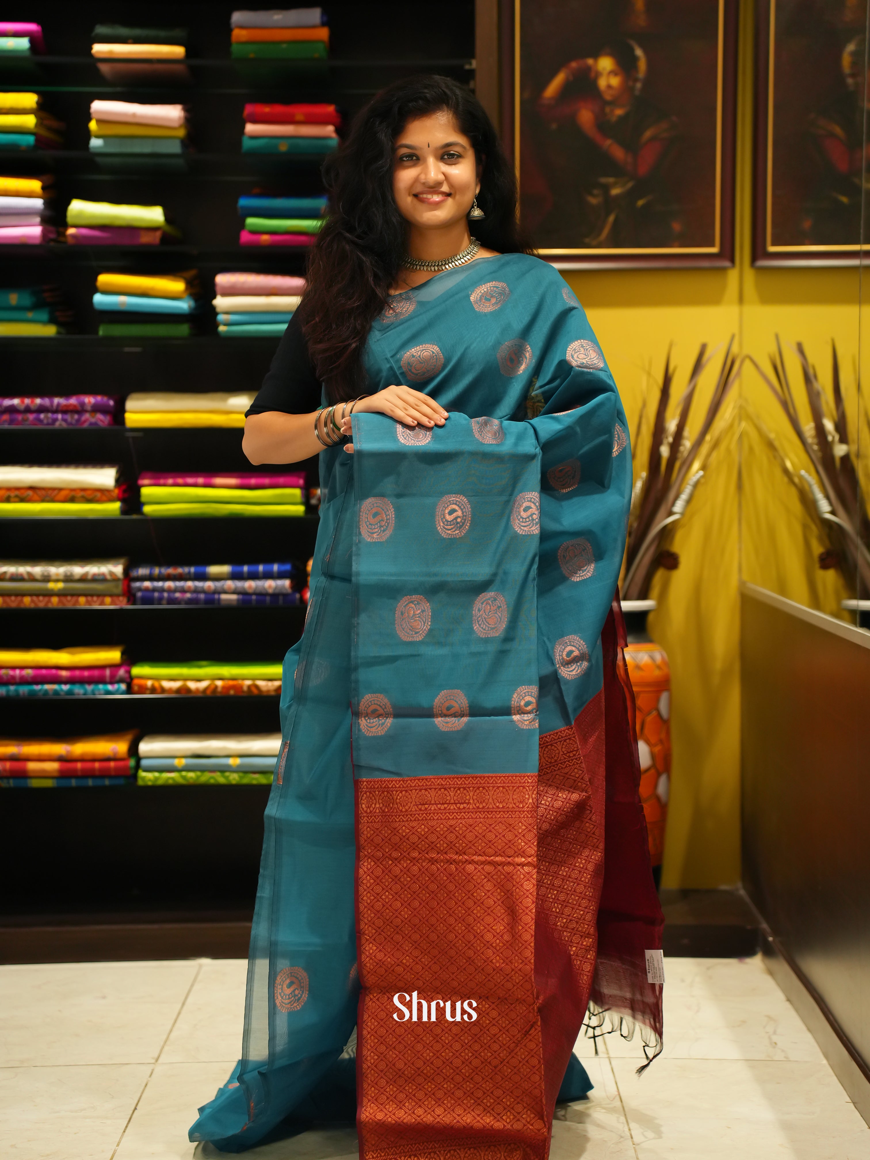 Blue And Arraku Maroon- Semi Silk Cotton Saree - Shop on ShrusEternity.com