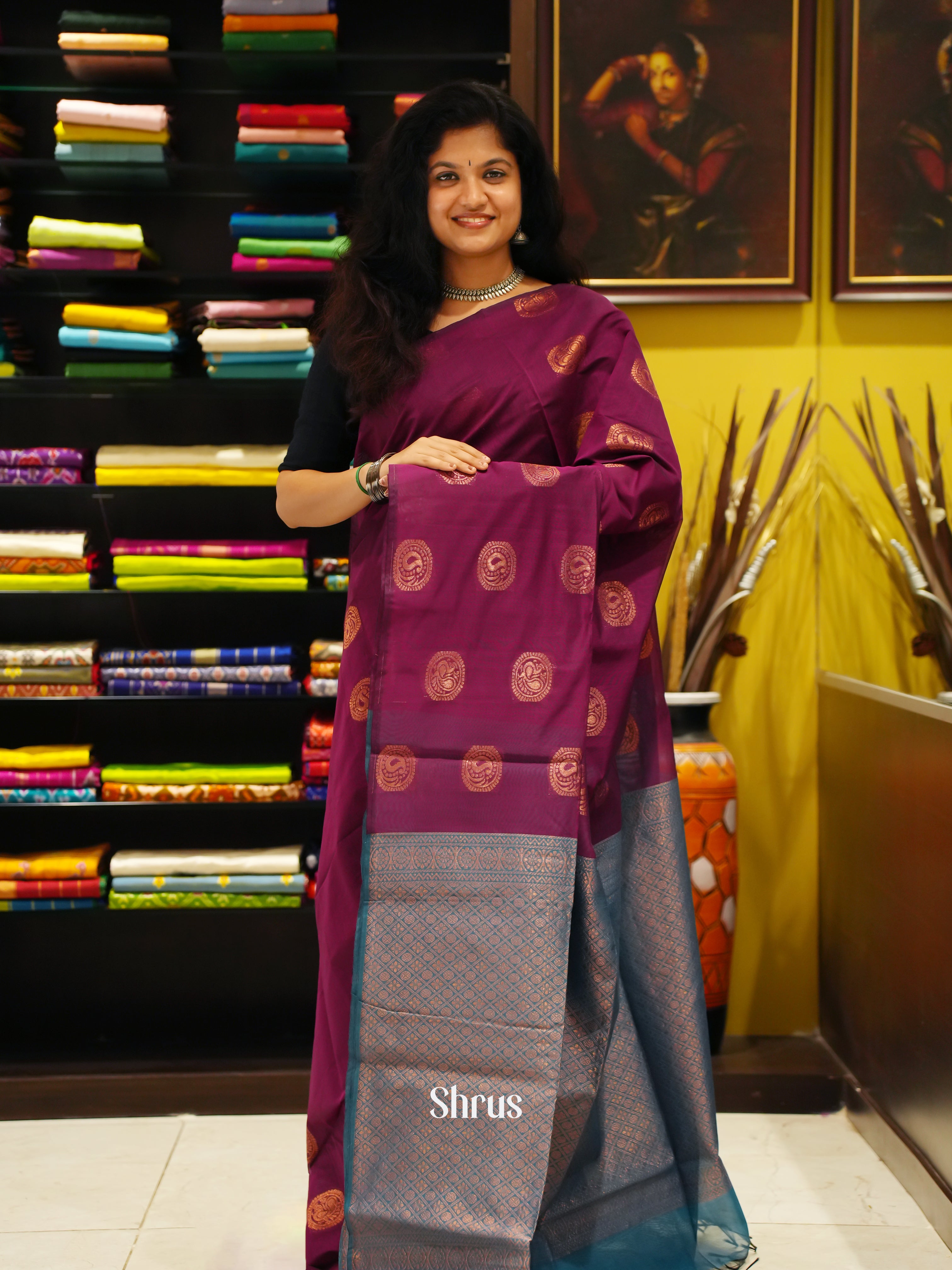 Majenta Pink And Blue- Semi Silk Cotton Saree - Shop on ShrusEternity.com
