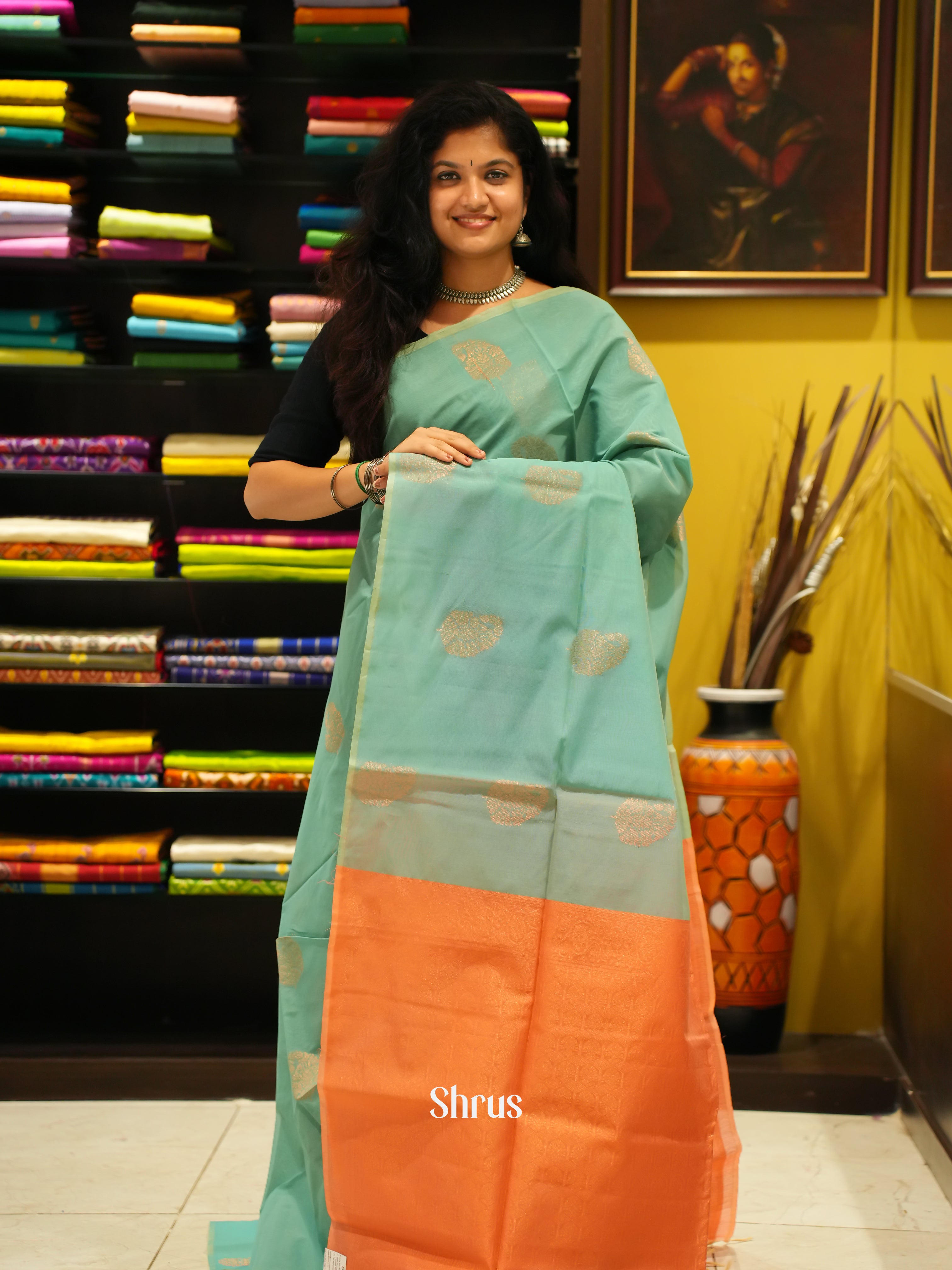 Green And Peach Orange- Semi Silk Cotton Saree - Shop on ShrusEternity.com