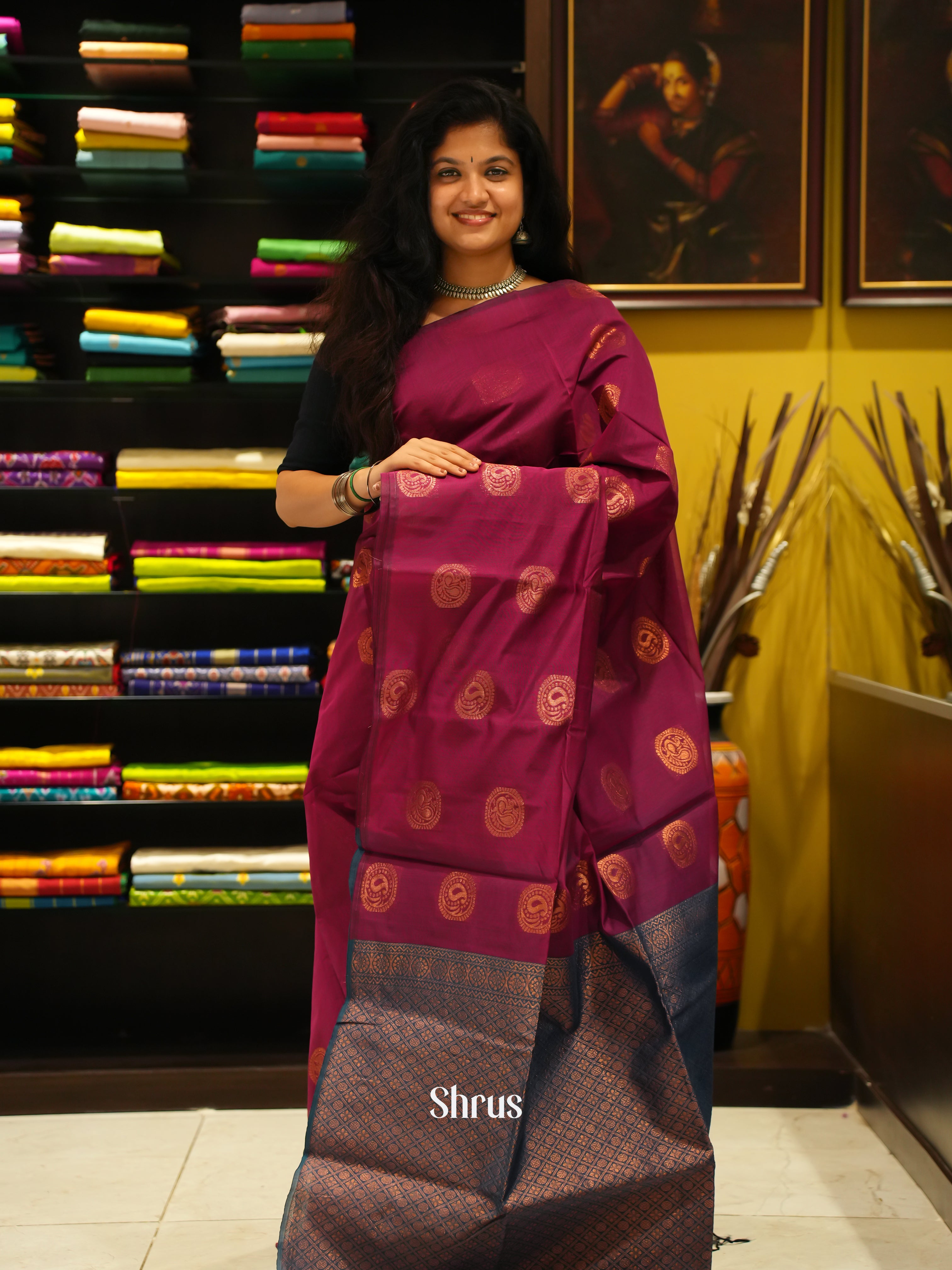 Majenta Pink And Blue- Semi Silk Cotton Saree - Shop on ShrusEternity.com