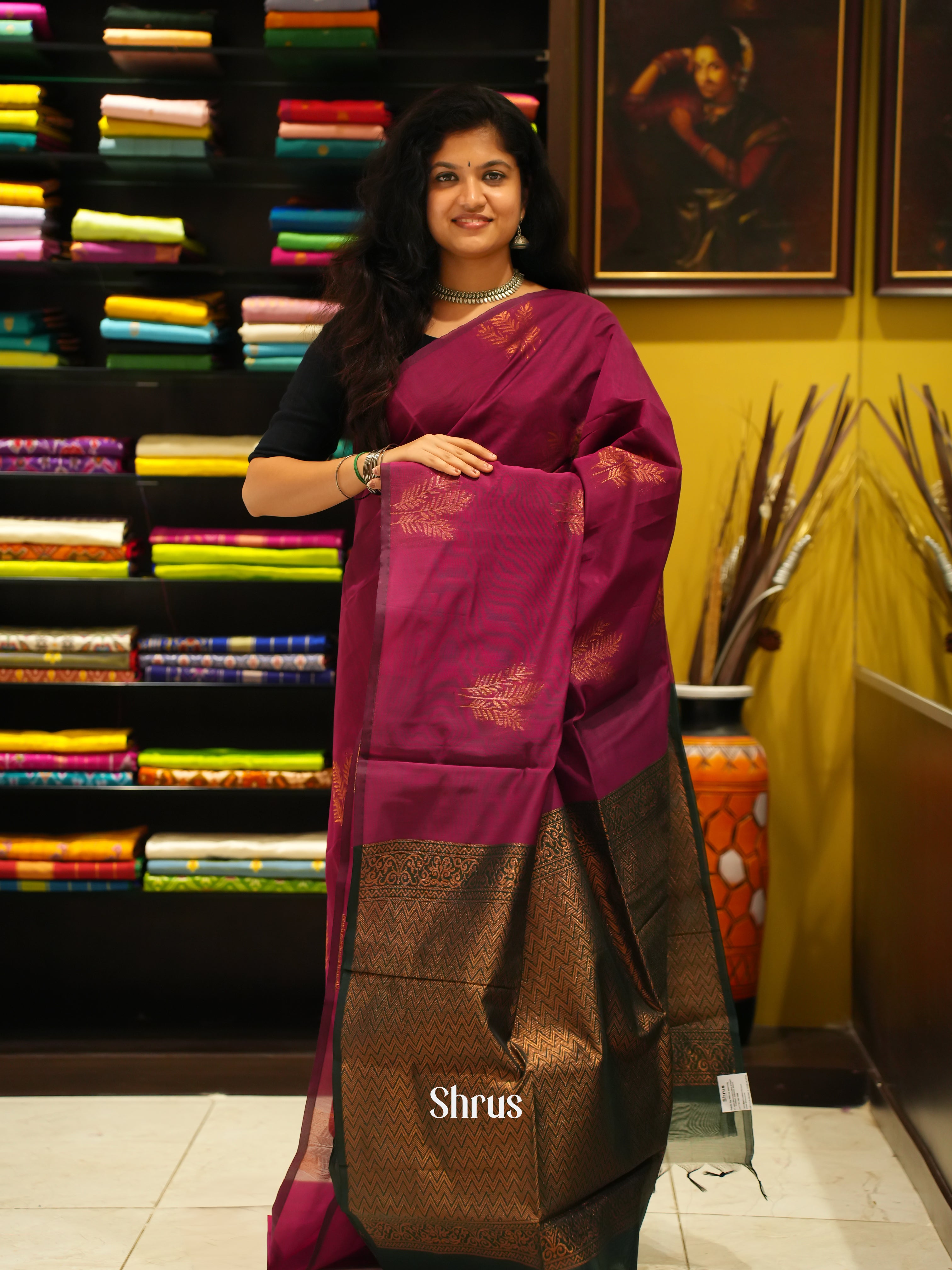 Majenta Pink And Green- Semi Silk Cotton Saree - Shop on ShrusEternity.com
