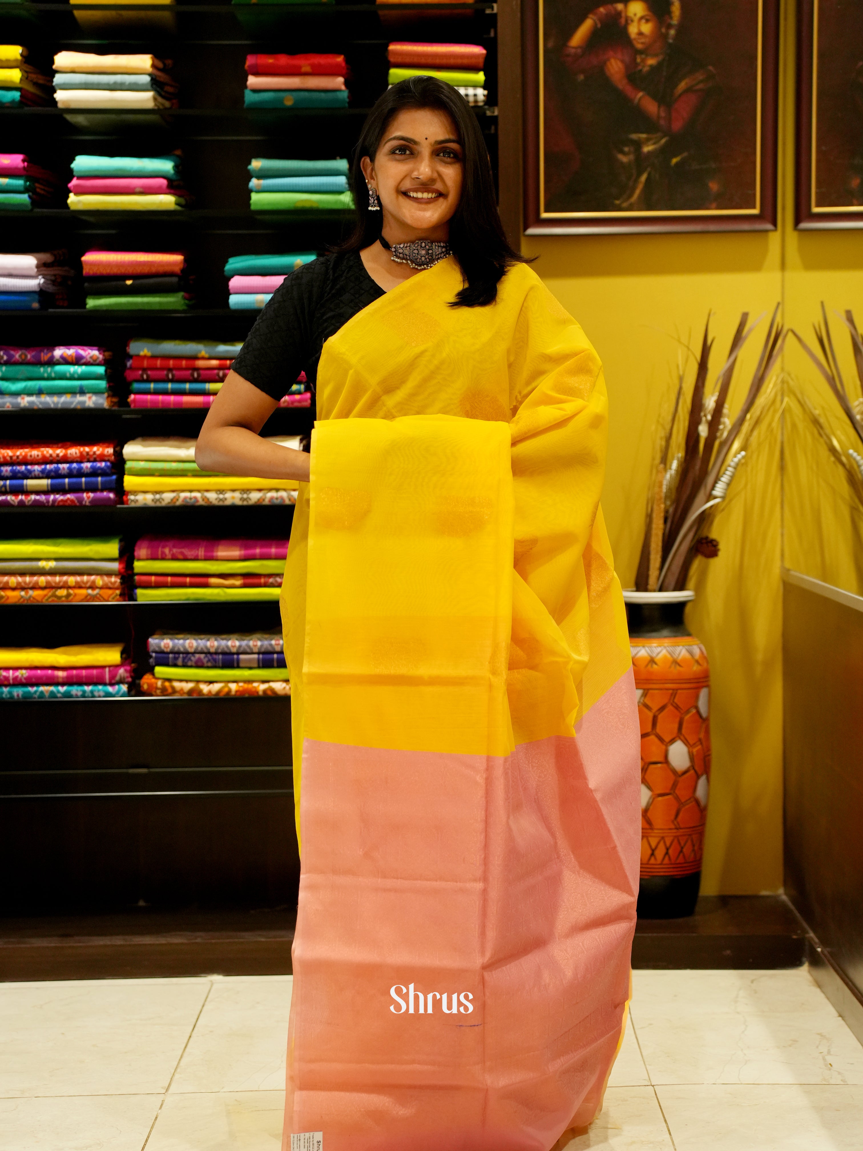 Yellow And Pink- Semi Silk Cotton saree - Shop on ShrusEternity.com
