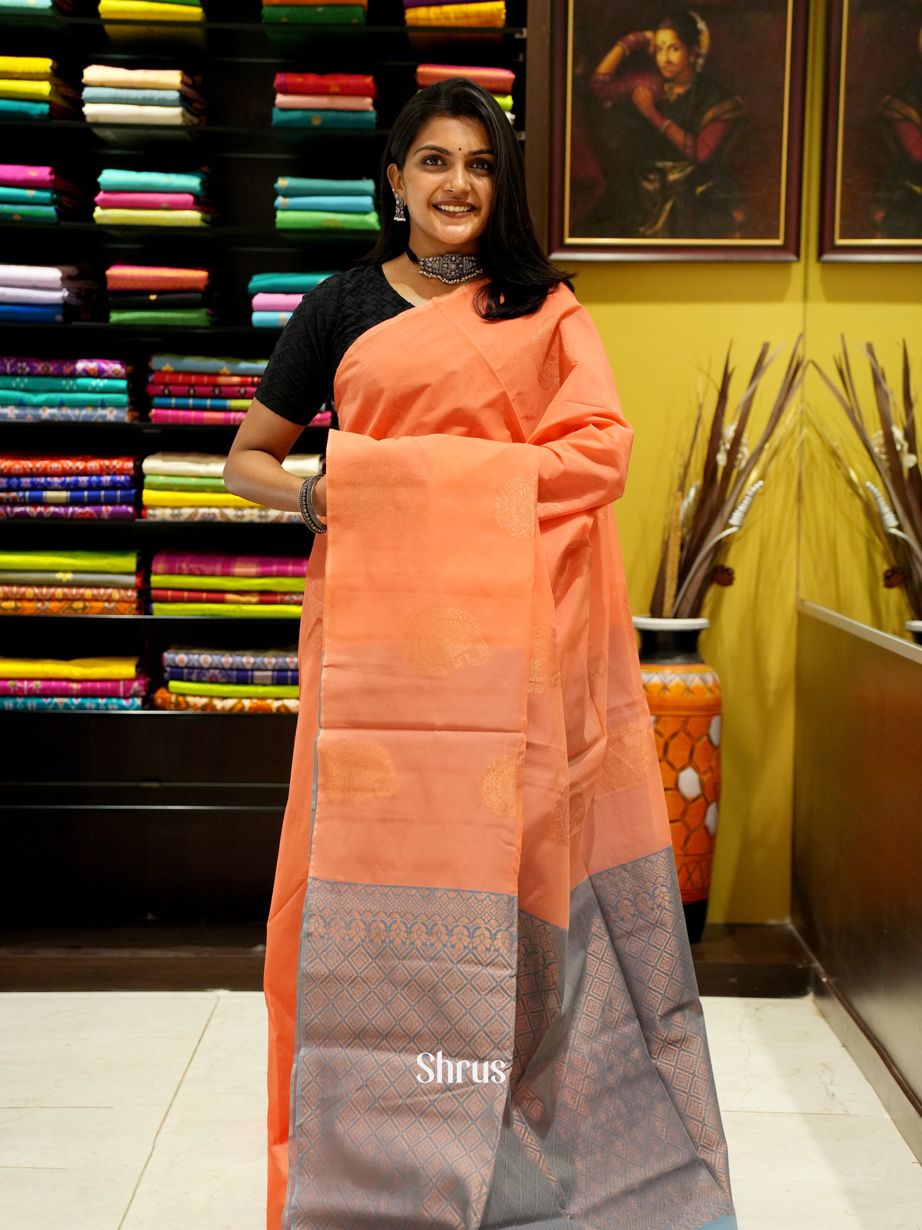 Peach Orange And Blue- Semi Silk Cotton Saree - Shop on ShrusEternity.com