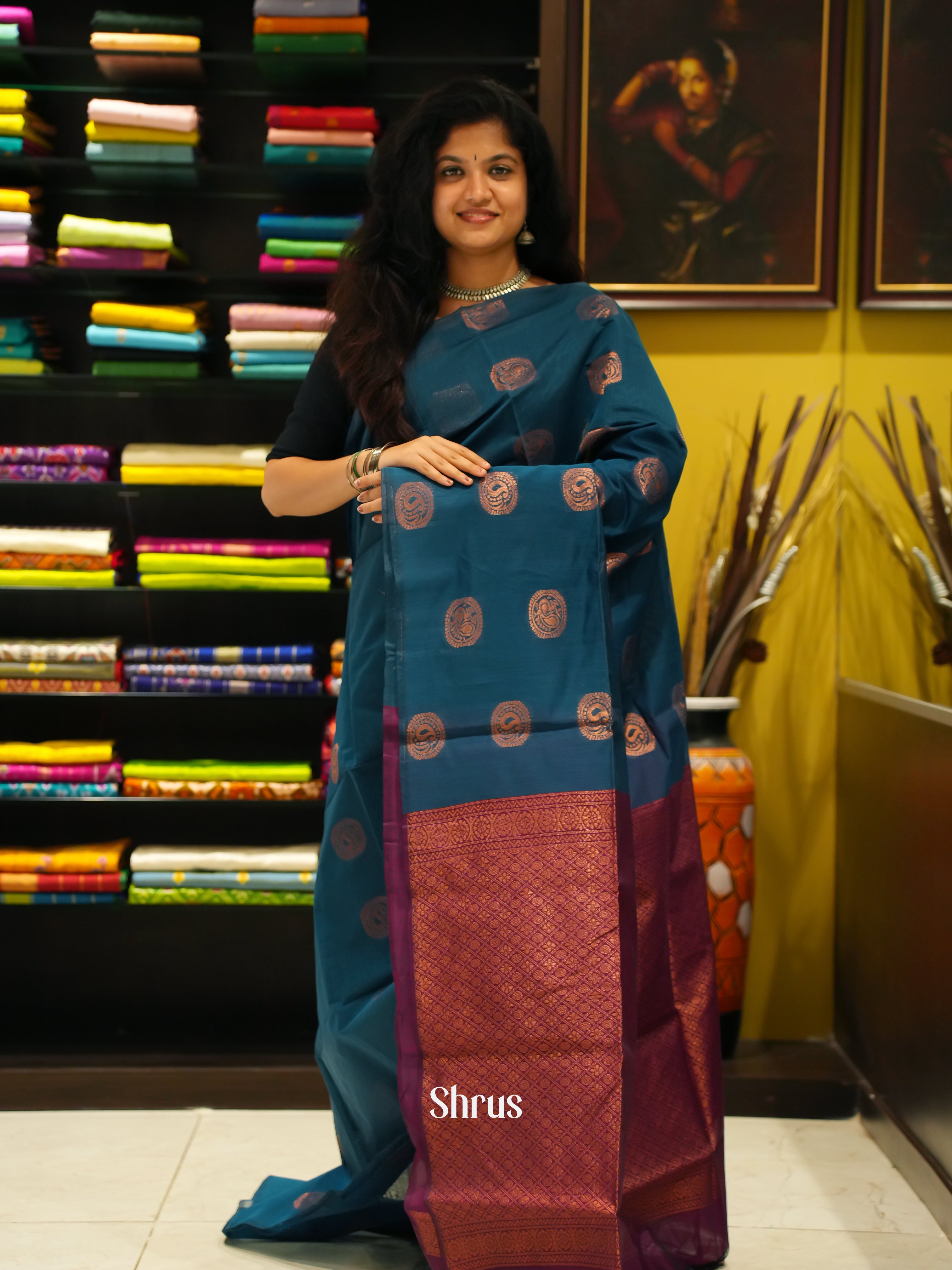 Blue And Majenta Pink- Semi Silk Cotton Saree - Shop on ShrusEternity.com