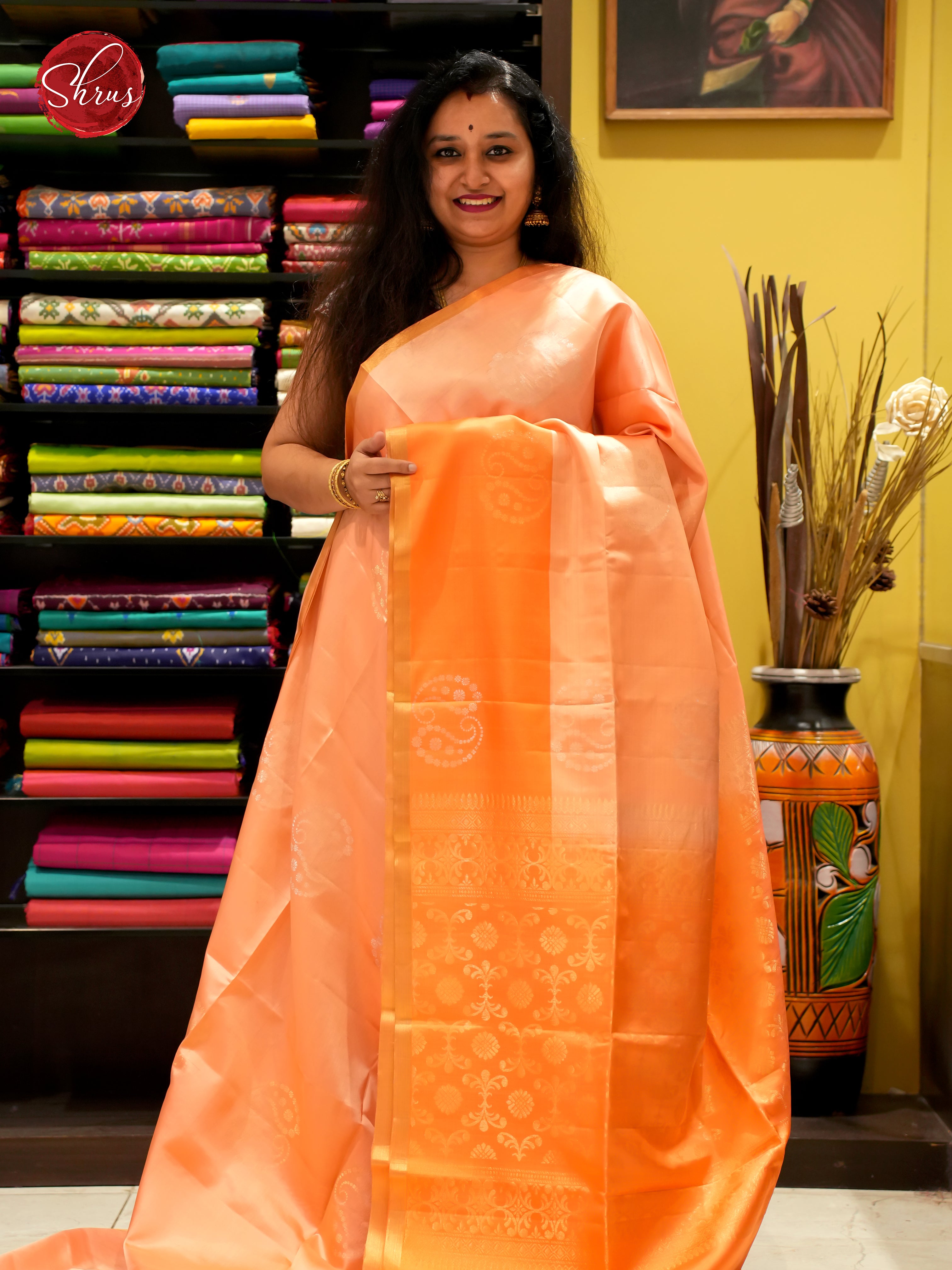 Peach And Orange- Soft Silk Saree - Shop on ShrusEternity.com