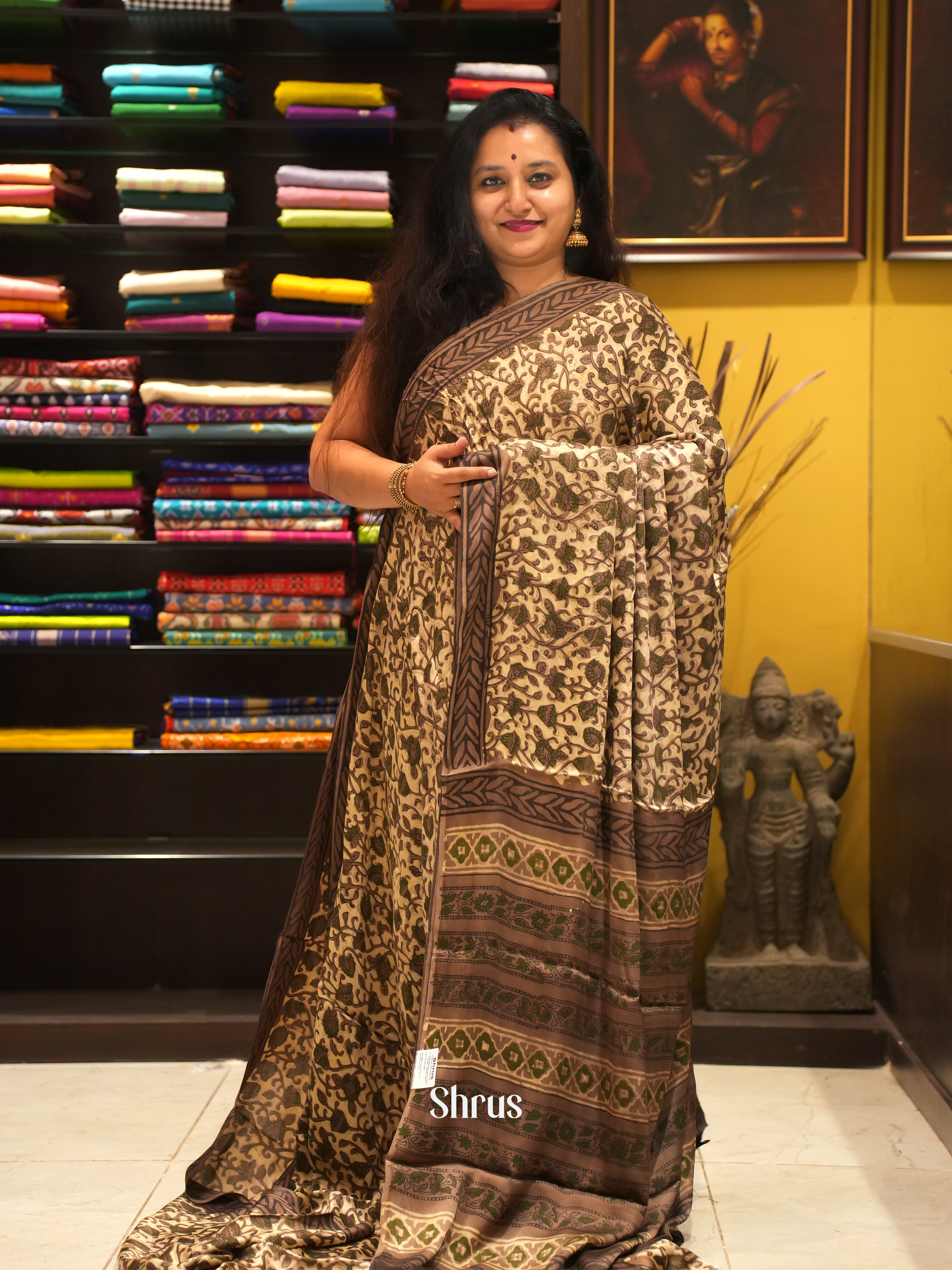 Cream & Brown- Modal Silk Saree - Shop on ShrusEternity.com