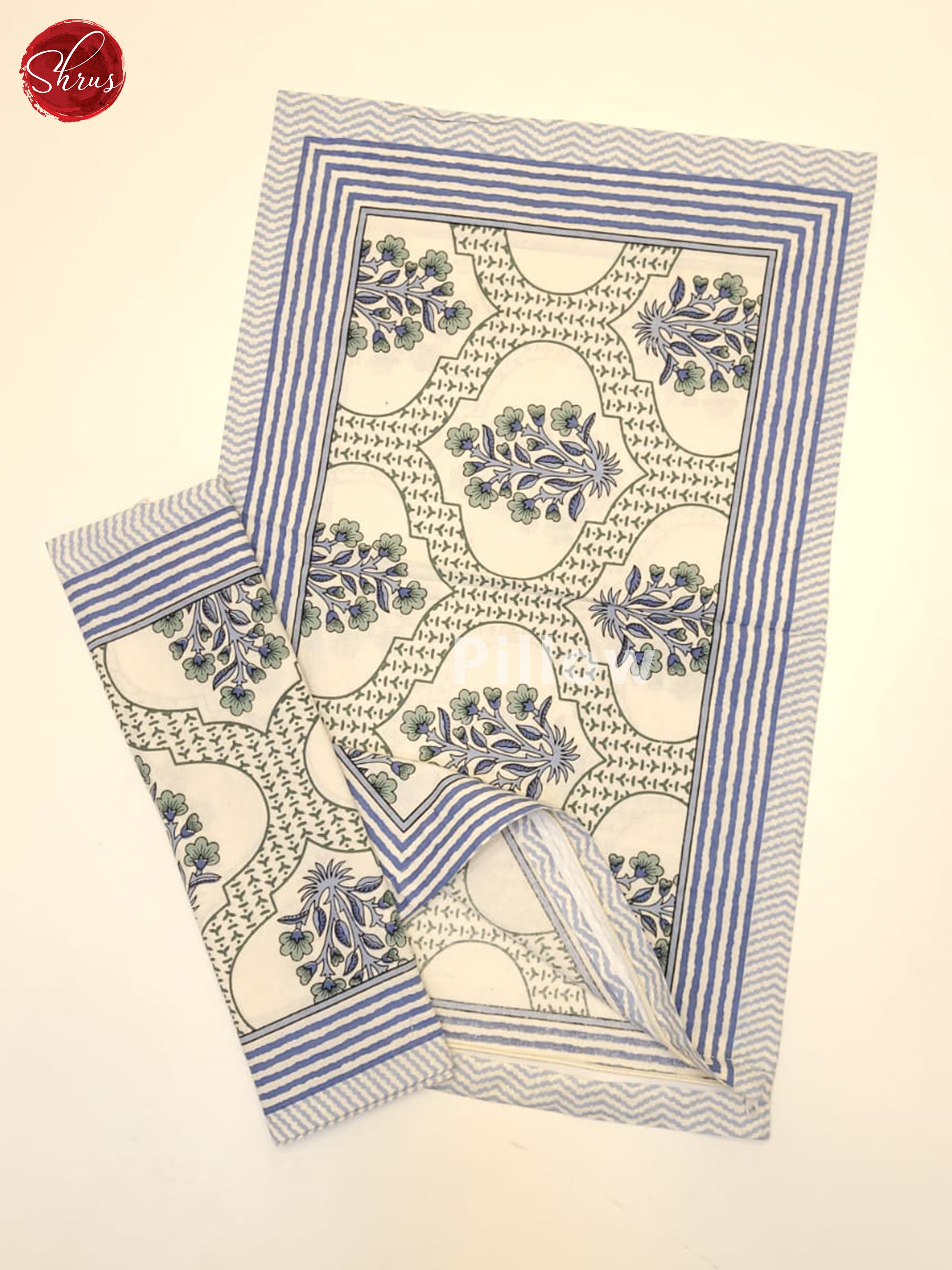 Cream & Blue - Jaipur Block Printed Cotton Double bed spread - Shop on ShrusEternity.com