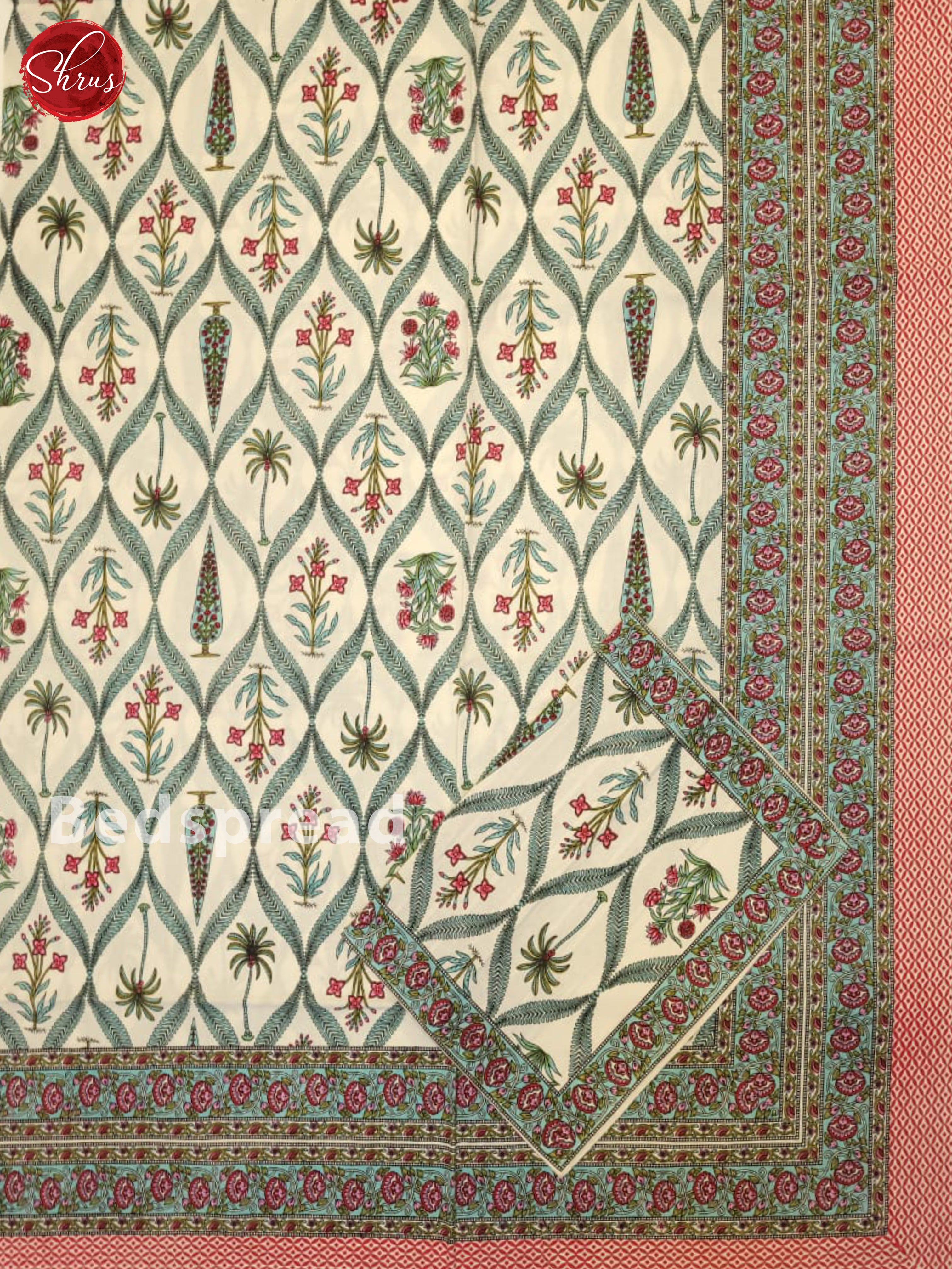 Cream & Blue- Jaipuri Block Printed Cotton Double Bed Spread - Shop on ShrusEternity.com