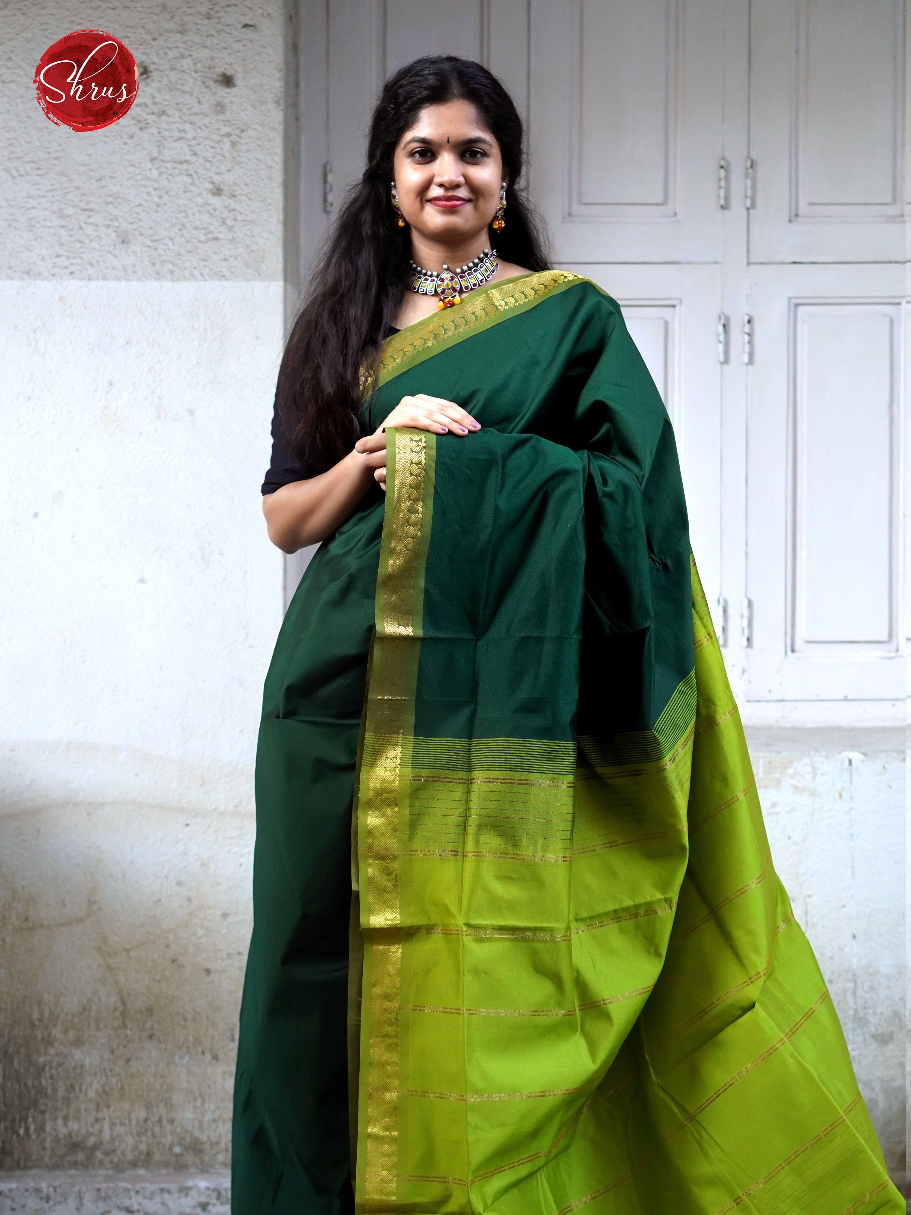 Dark & Light Green- Silk cotton-half pure Saree - Shop on ShrusEternity.com