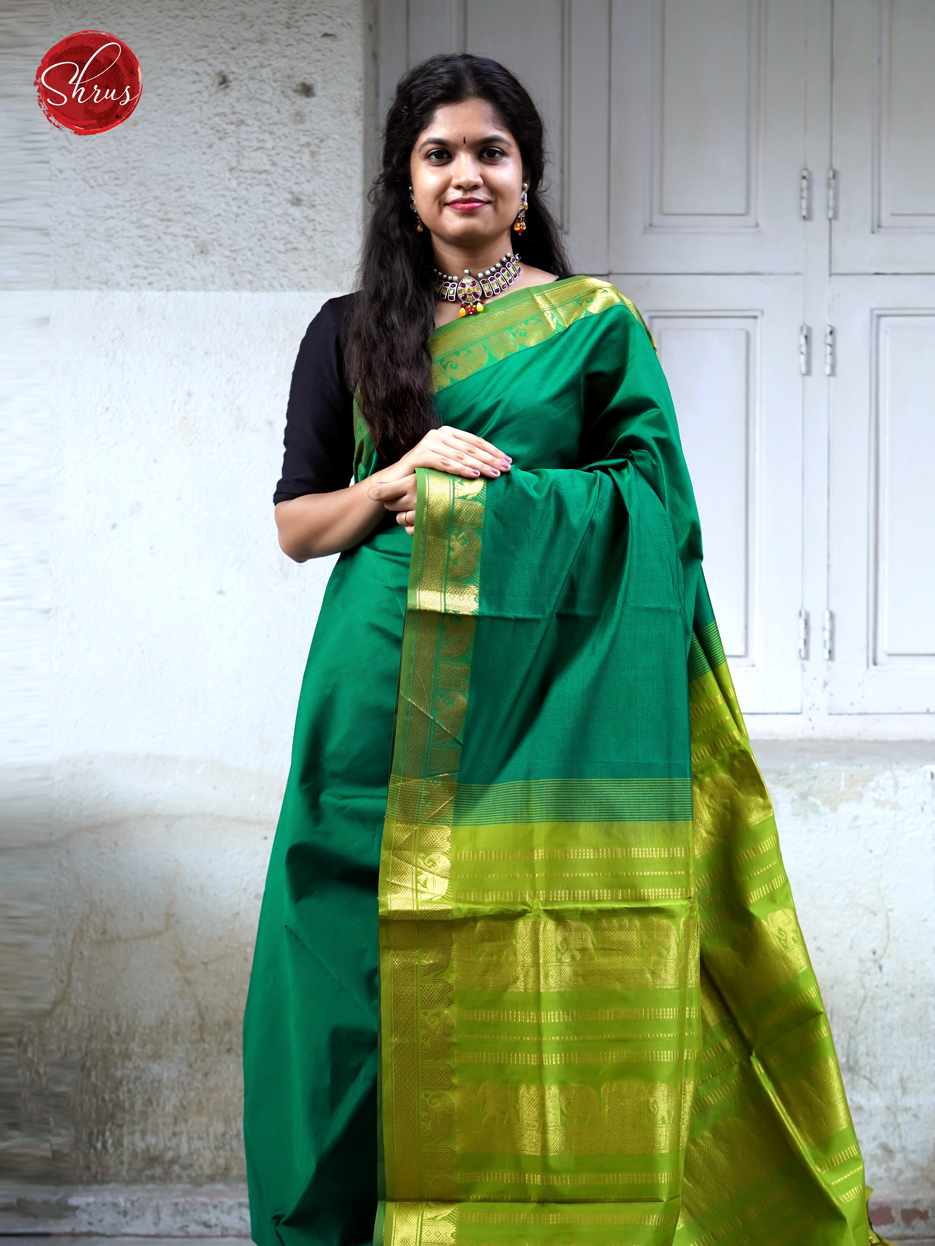 Green & Light Green- Silk cotton- Half Pure Saree