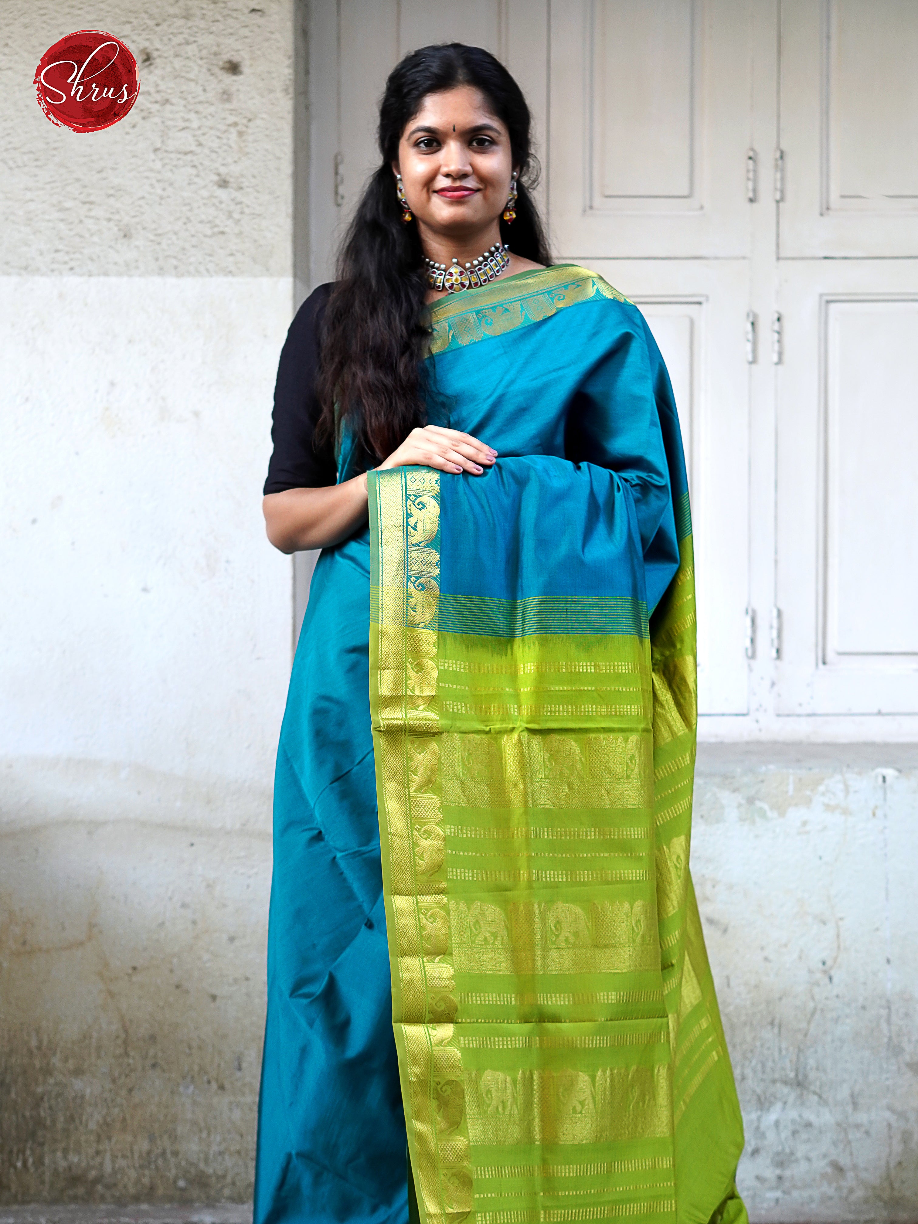 Blue & Green - Silk cotton-half pure Saree - Shop on ShrusEternity.com