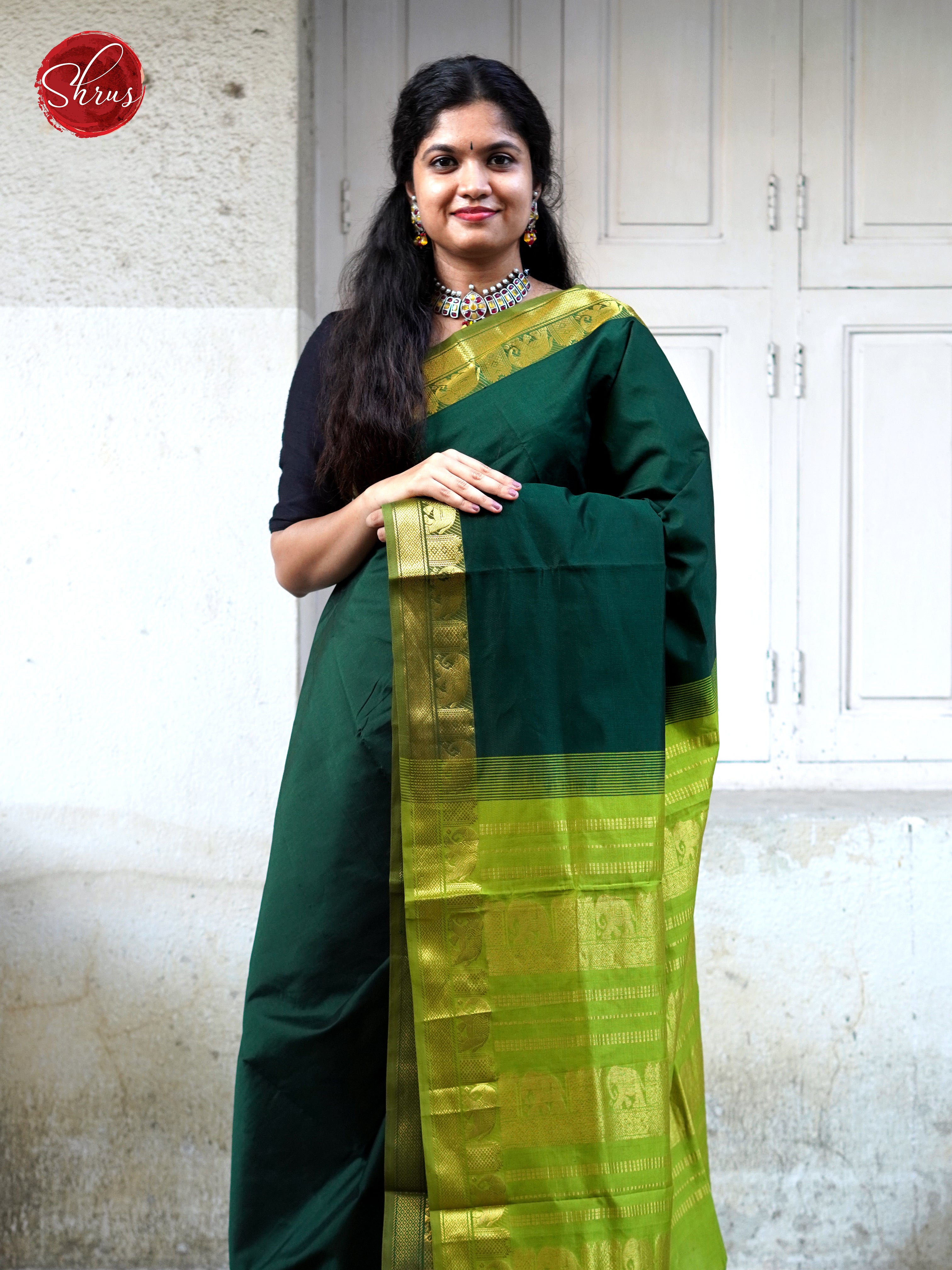 Dark Green & Green - Silk cotton-half pure Saree