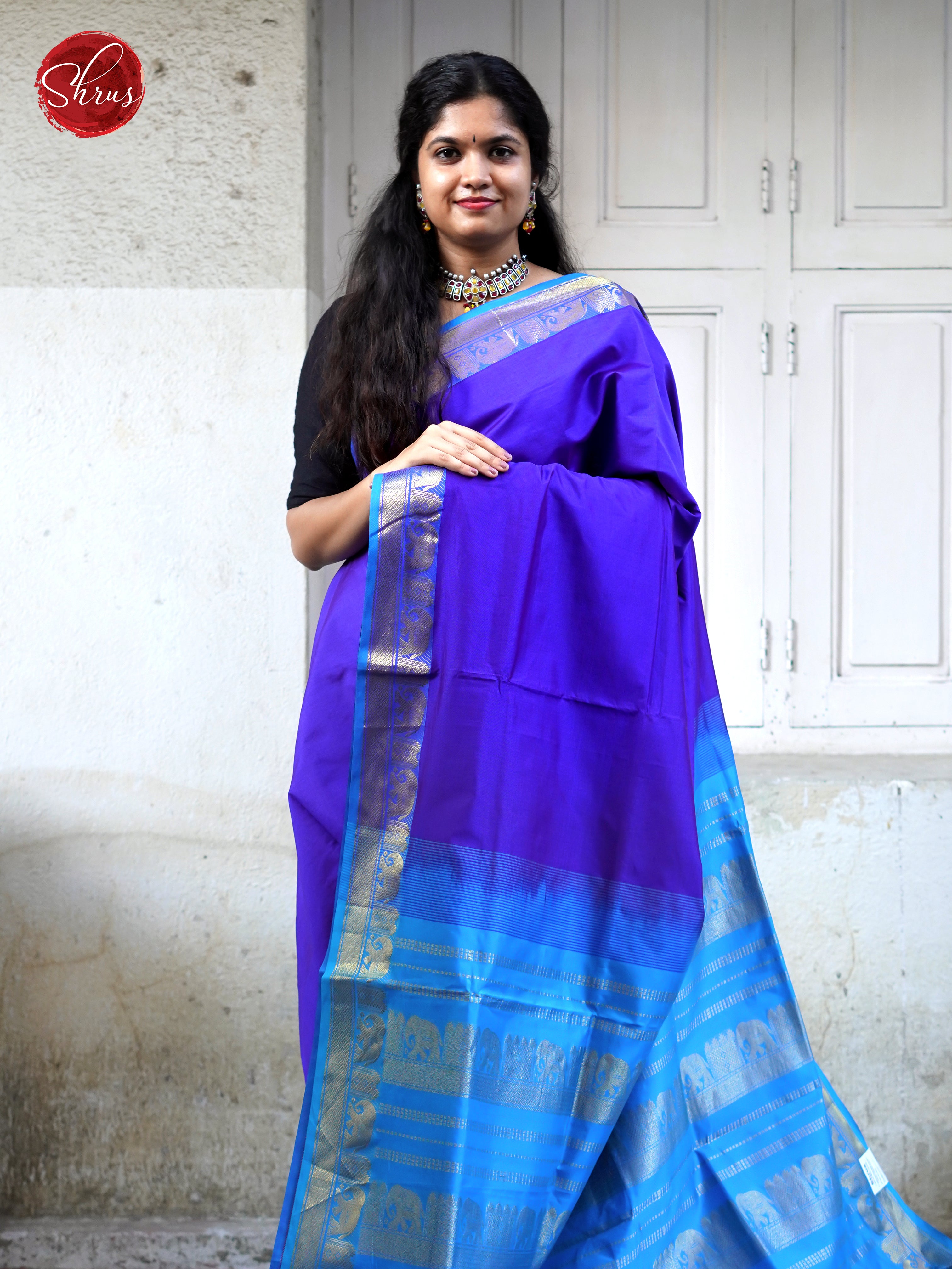 Purple & Blue - Silk cotton-half pure Saree - Shop on ShrusEternity.com