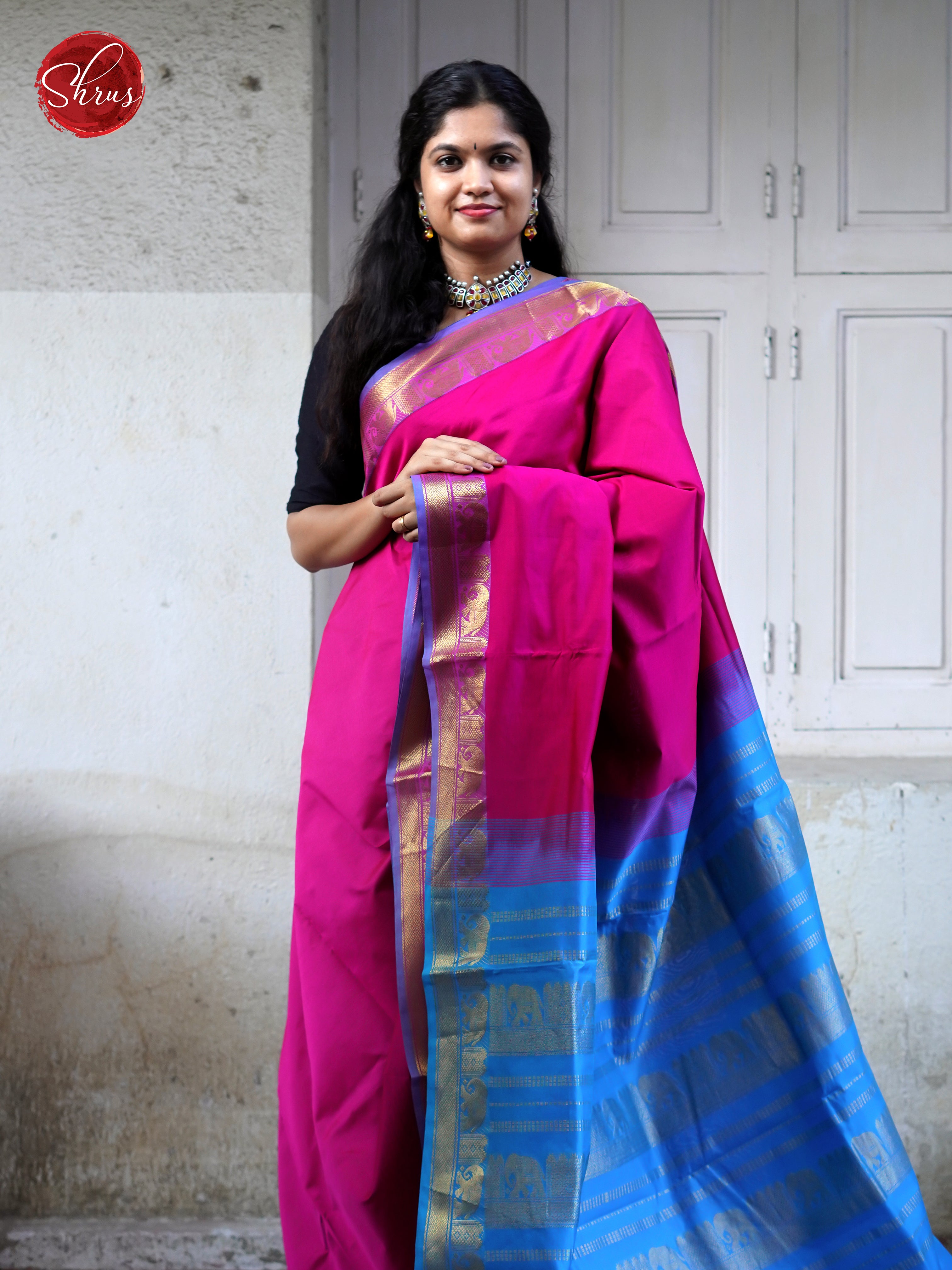 Pink & Blue - Silk Cotton- Half pure Saree - Shop on ShrusEternity.com