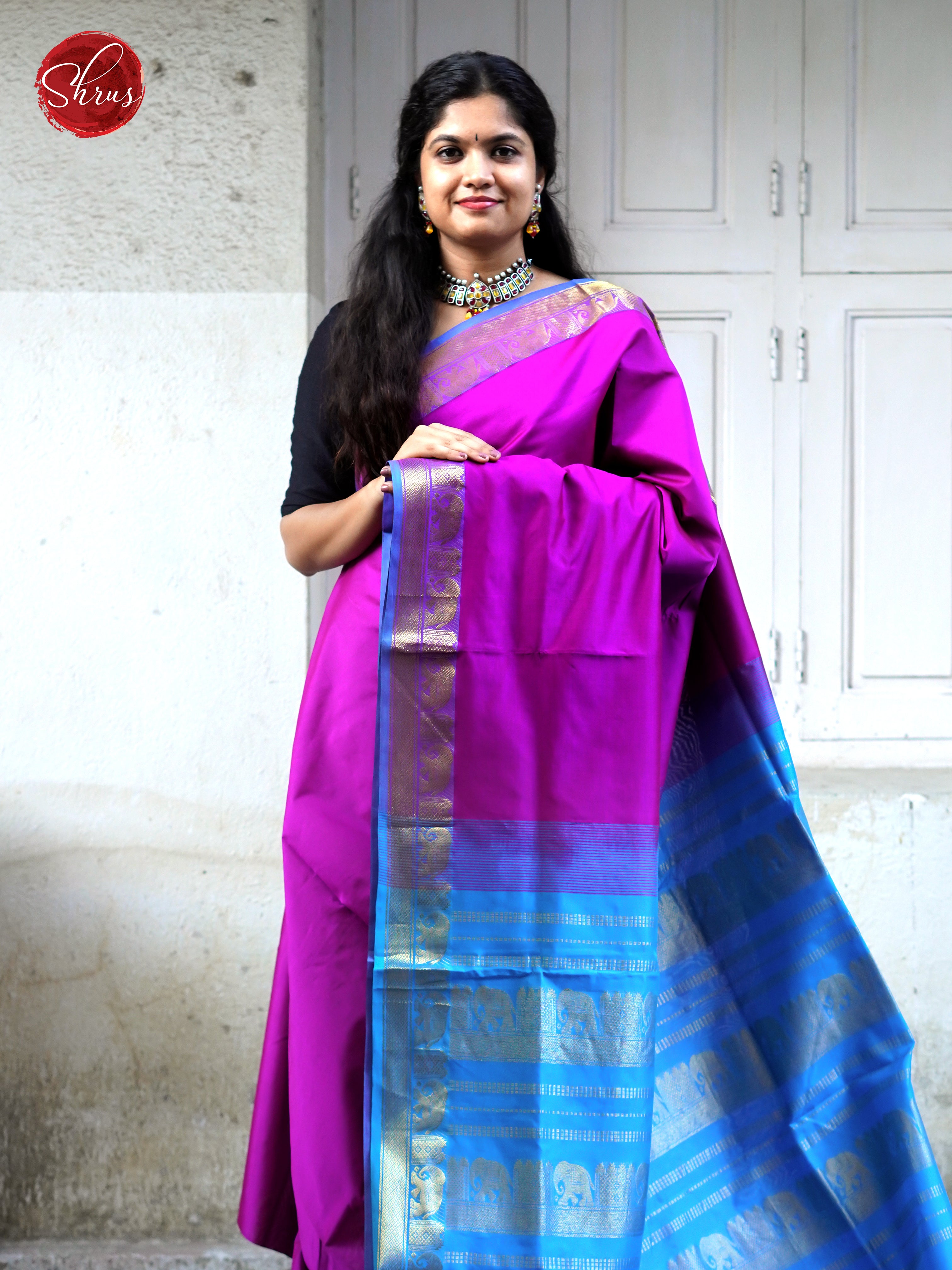 Purple & Blue - Silk cotton-half pure Saree - Shop on ShrusEternity.com
