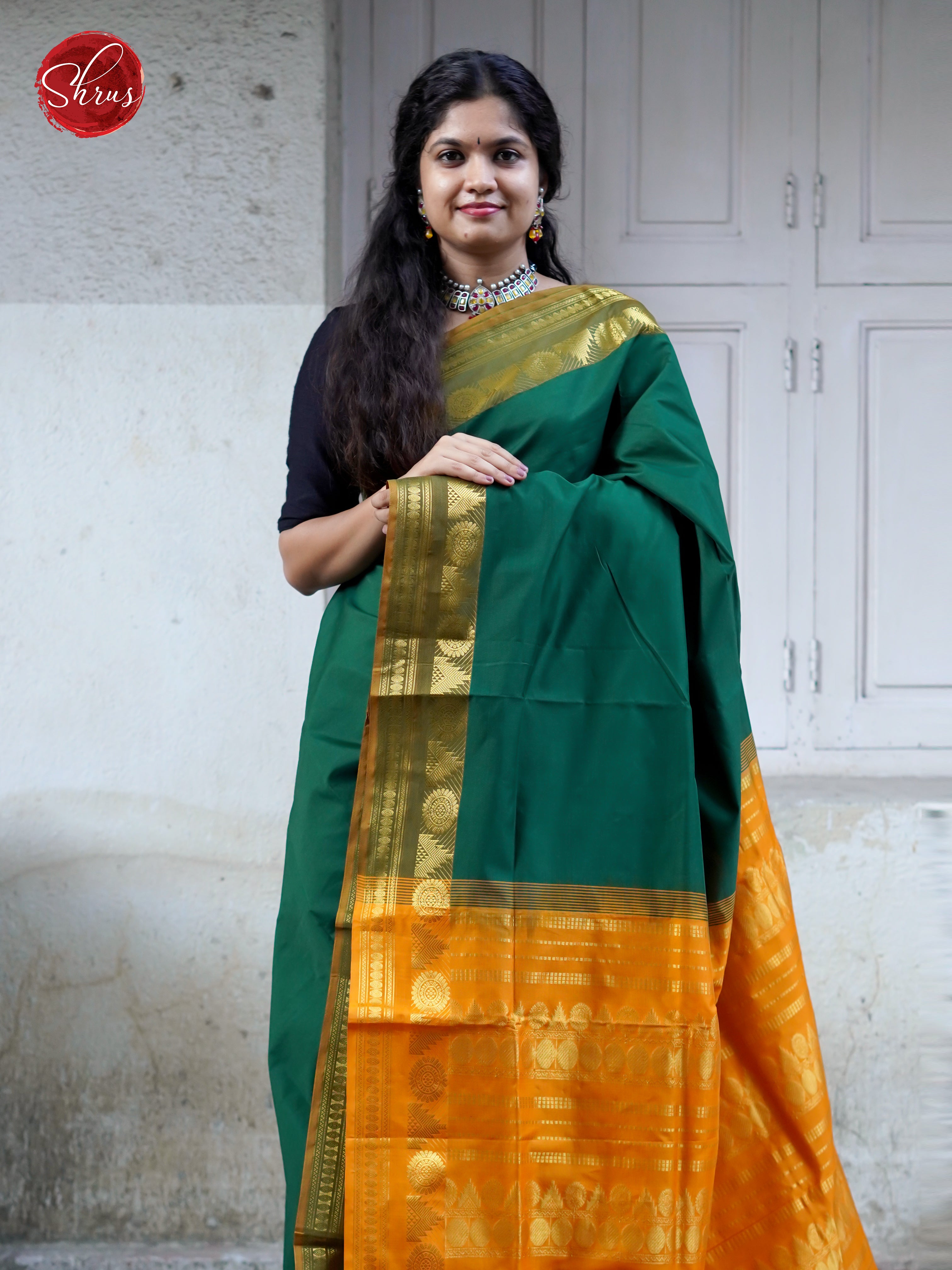 Gree & Orange - Silk cotton-half pure Saree - Shop on ShrusEternity.com