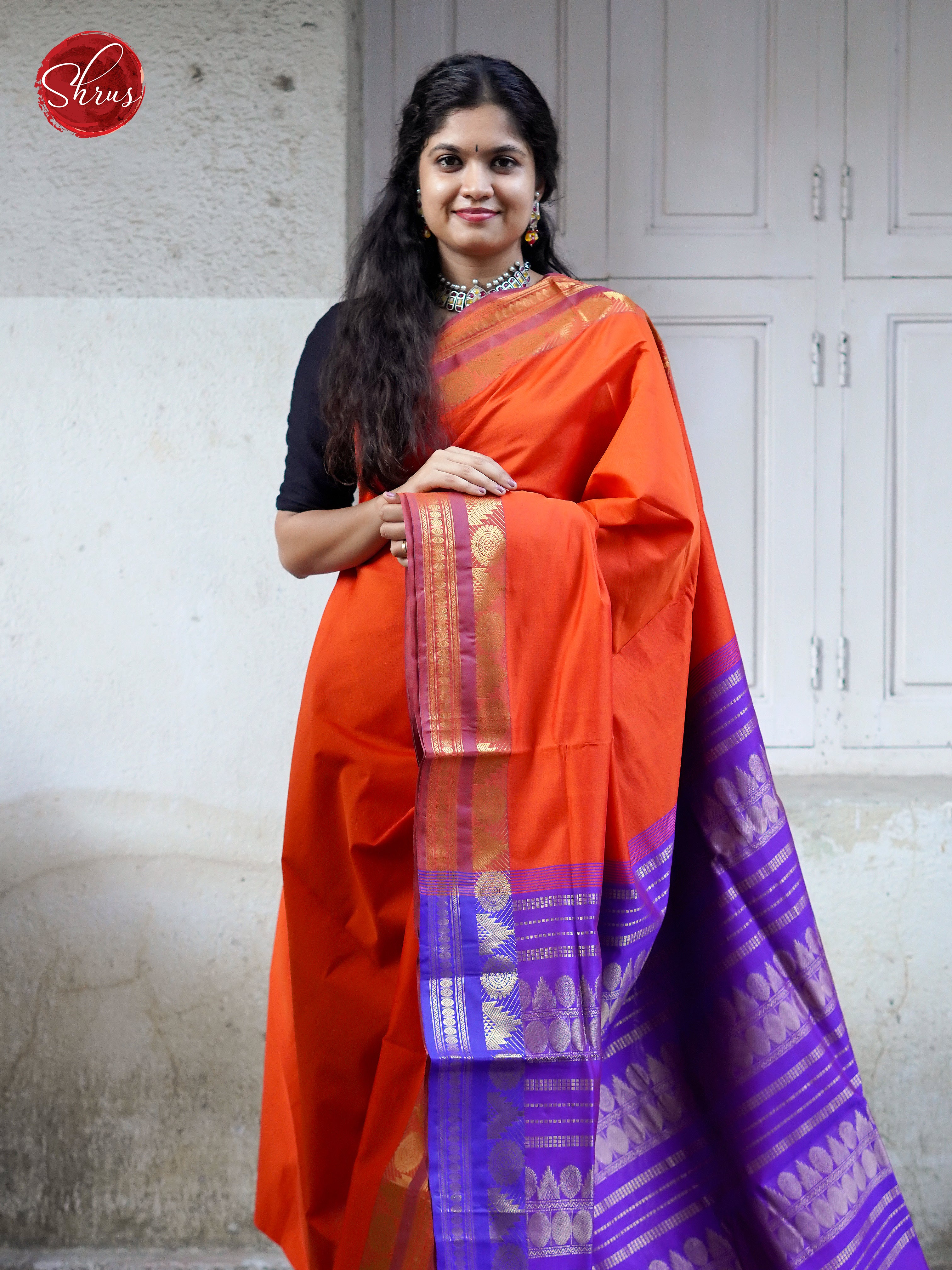 Orange & Purple - Silk cotton-half pure Saree - Shop on ShrusEternity.com