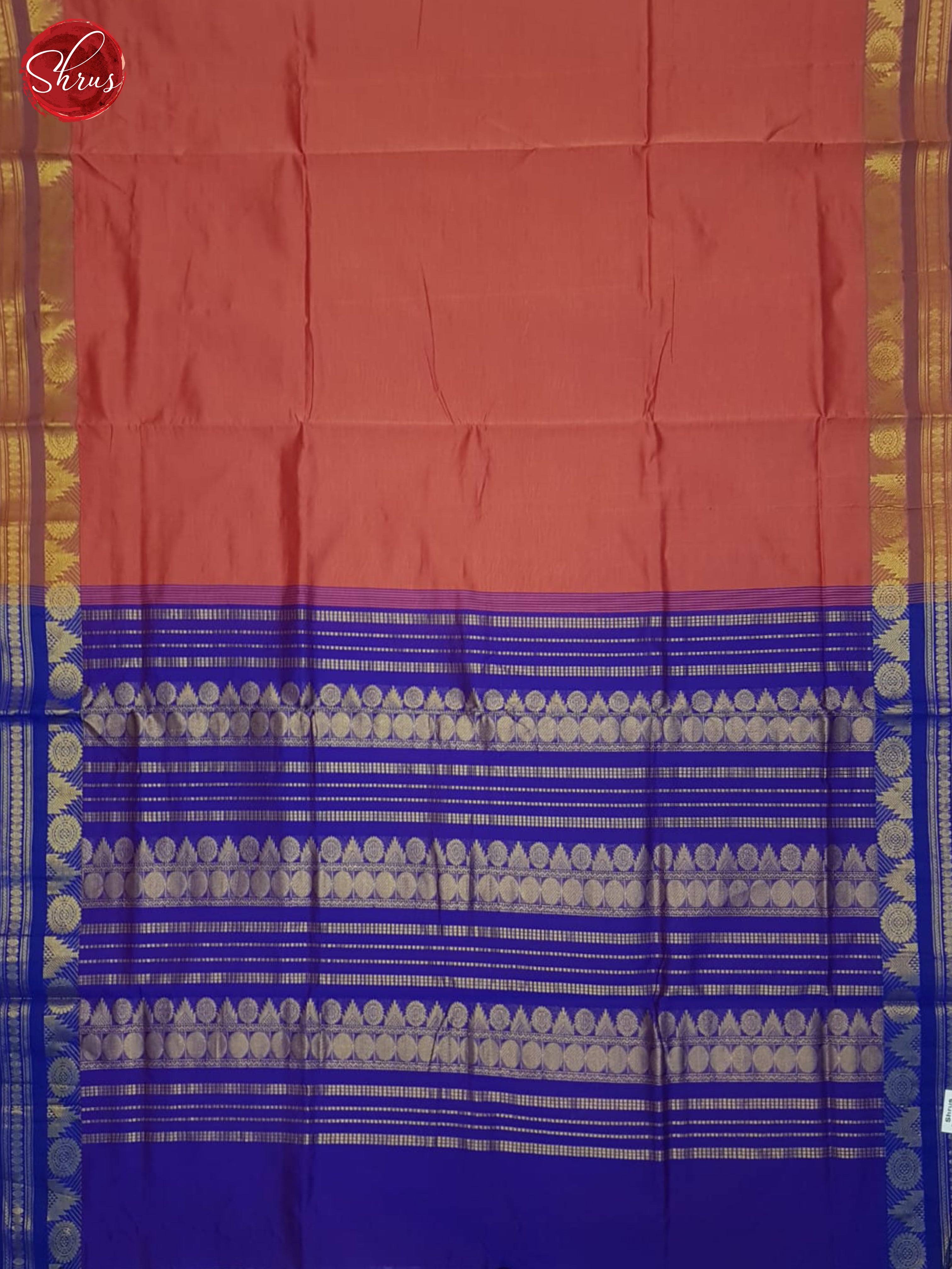 Brick Red And Blue- Silk Cotton half-pure Saree - Shop on ShrusEternity.com
