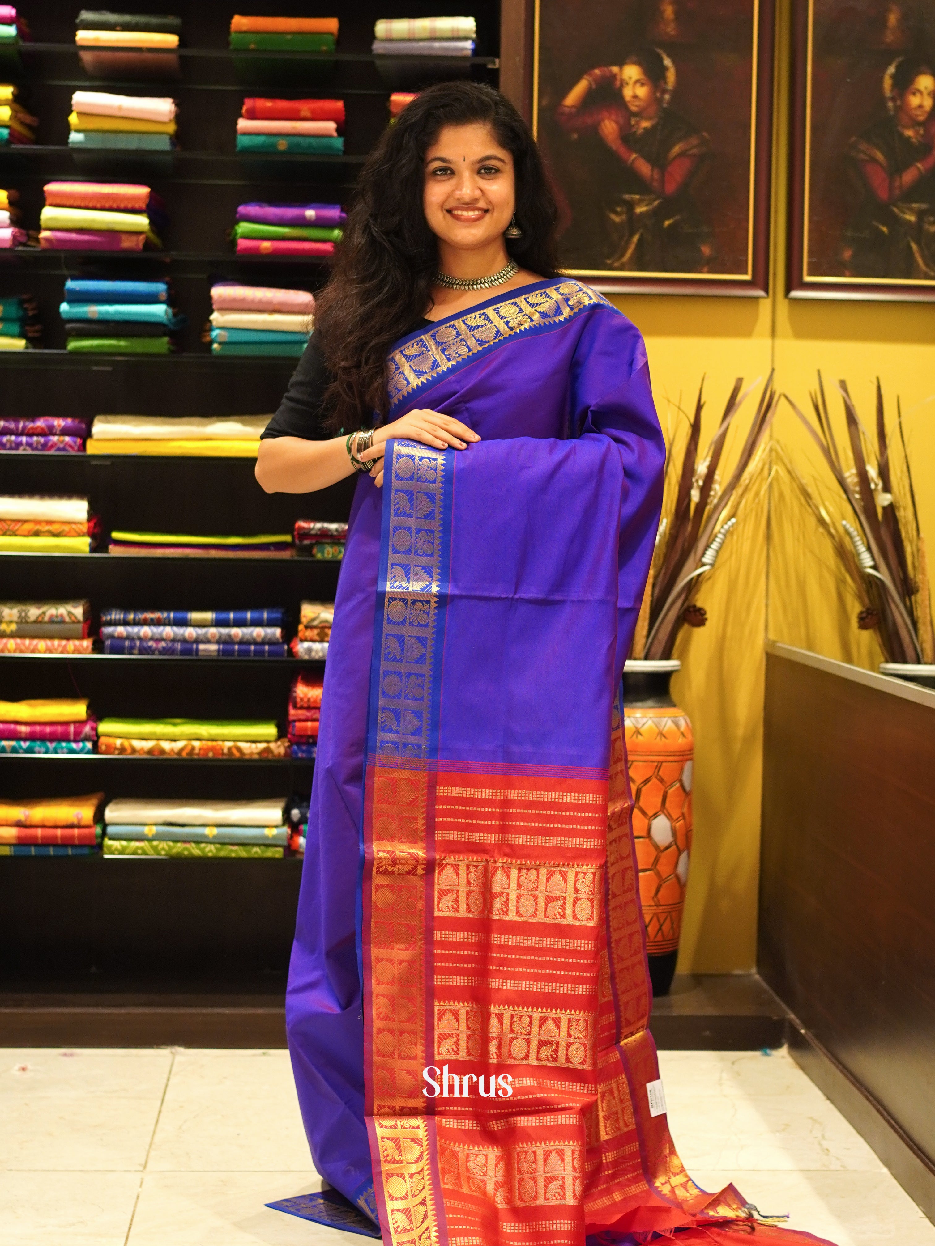 Purple And Red-Silk Cotton half-pure saree - Shop on ShrusEternity.com