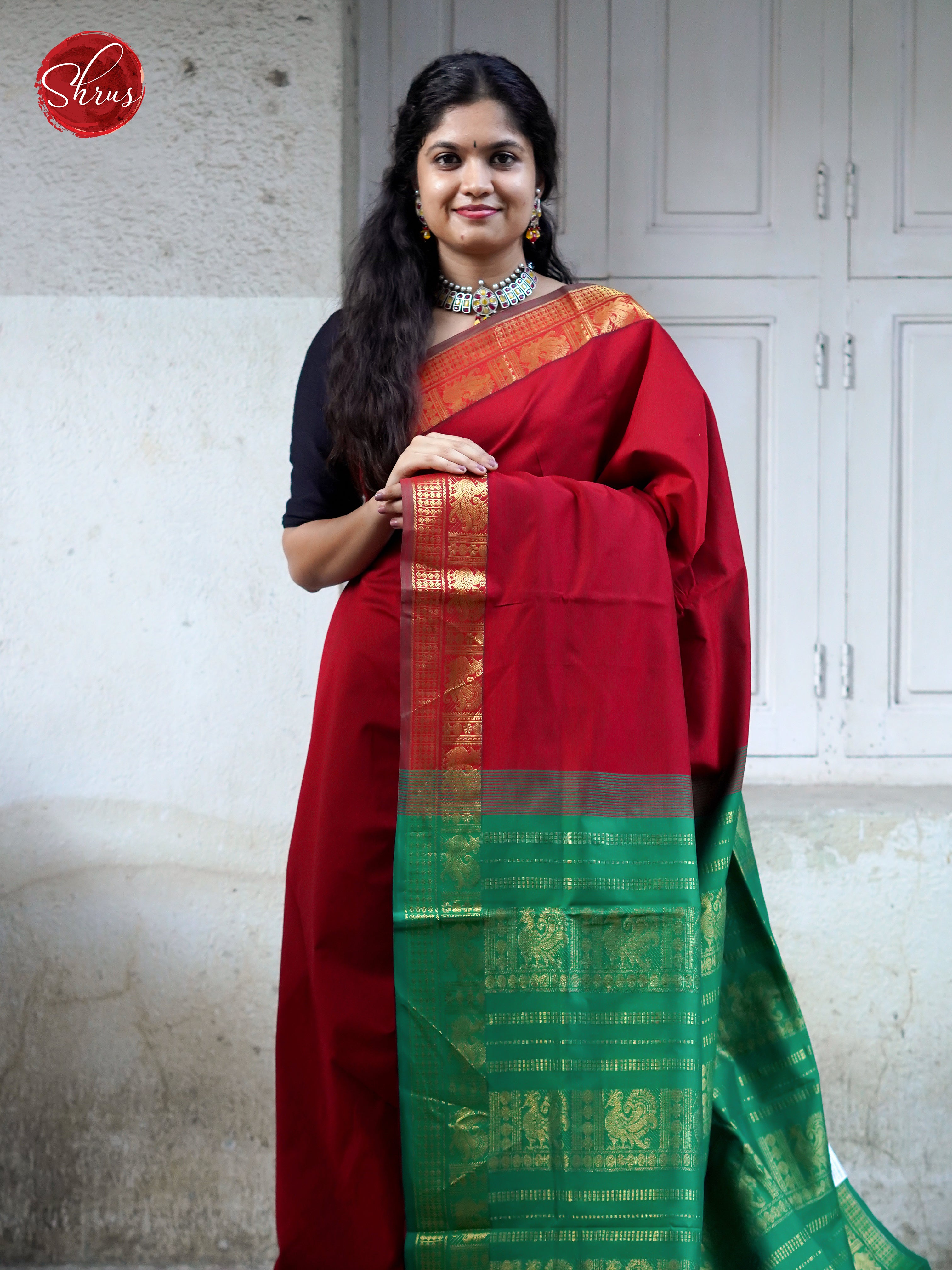 Red & Green - Silk cotton-half pure Saree - Shop on ShrusEternity.com