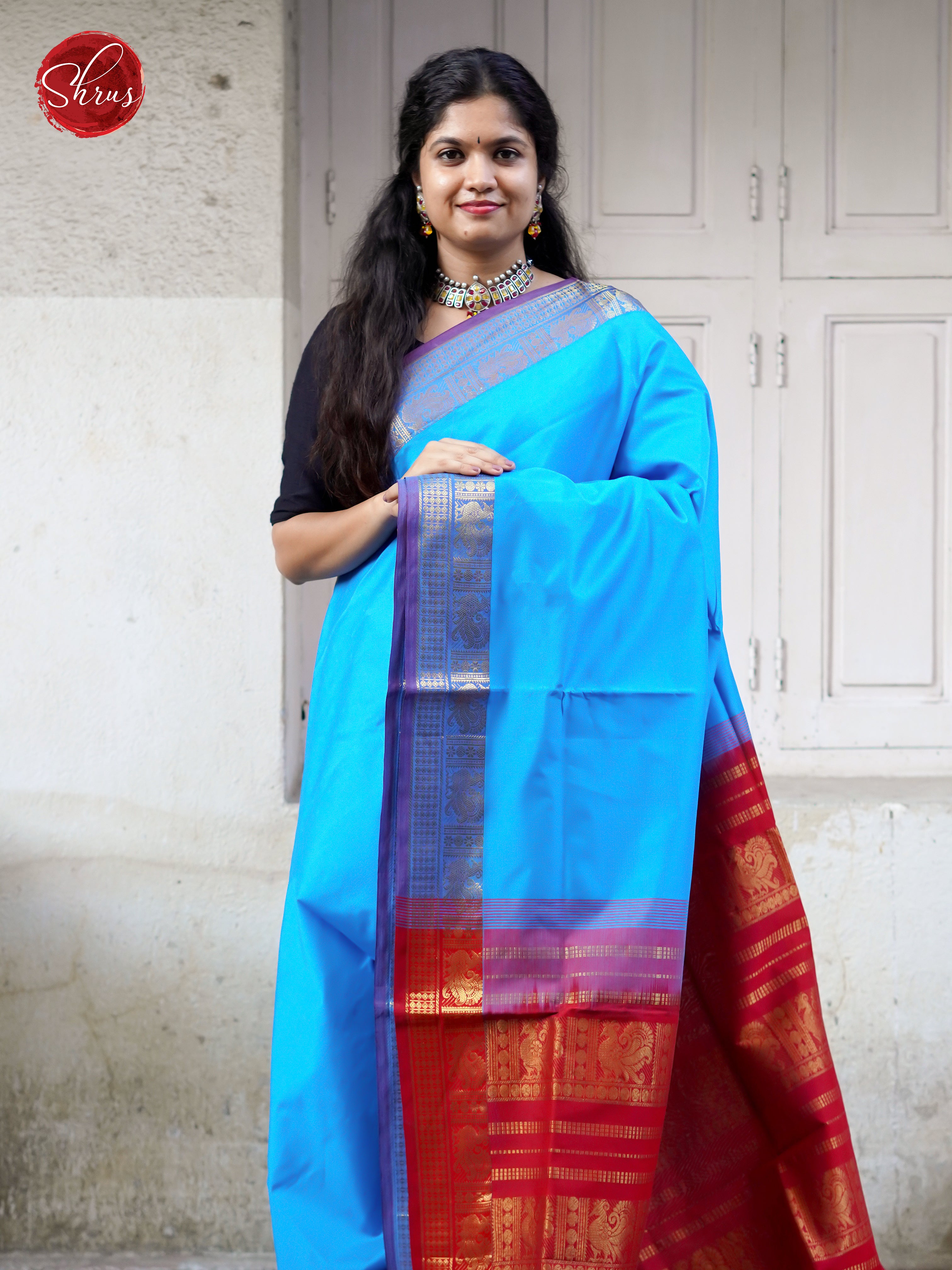 Blue & Red  - Silk cotton-half pure Saree