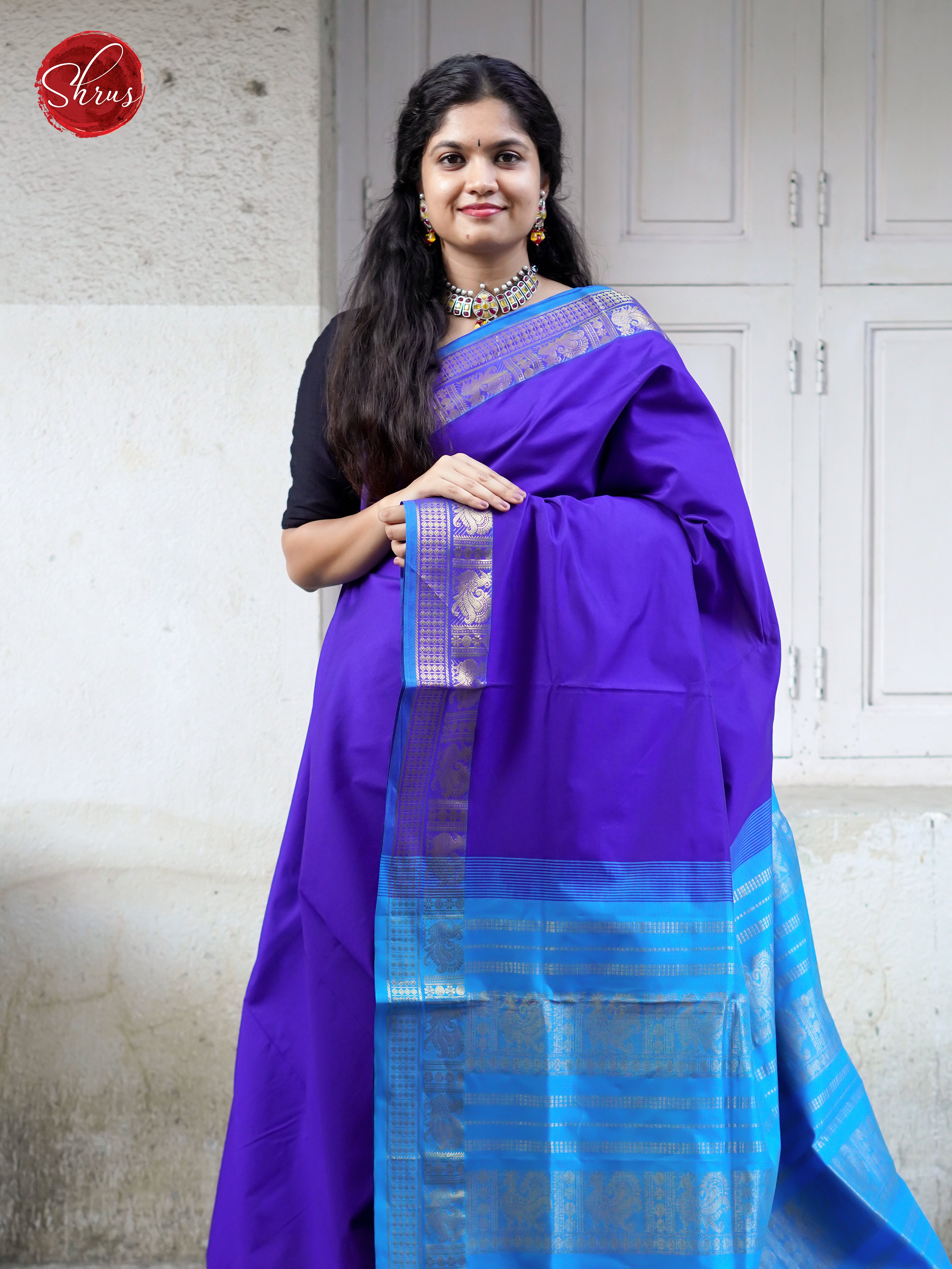 Purple & Blue - Silk Cotton- half pure Saree