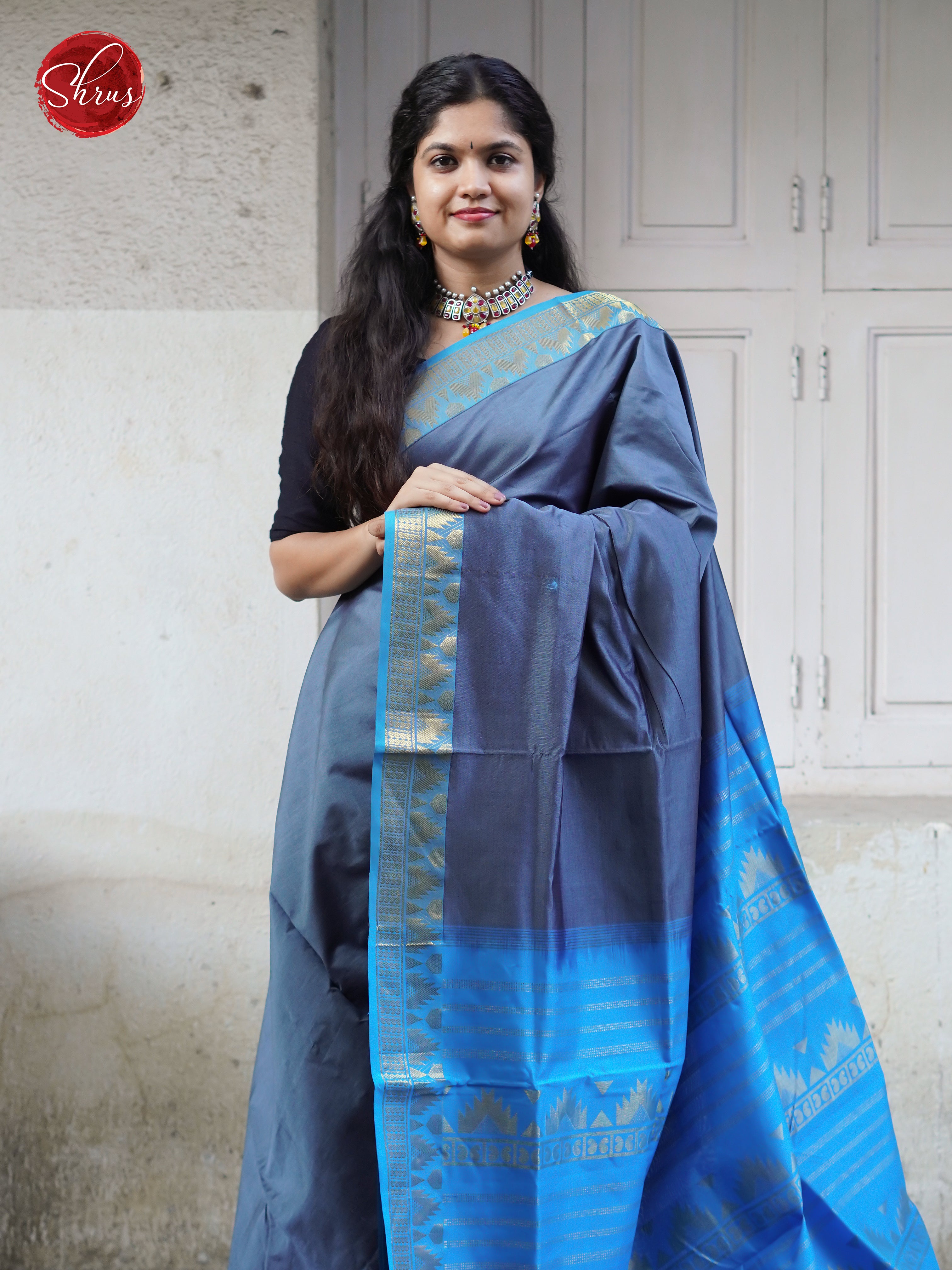 Grey & Blue - Silk Cotton- half pure Saree