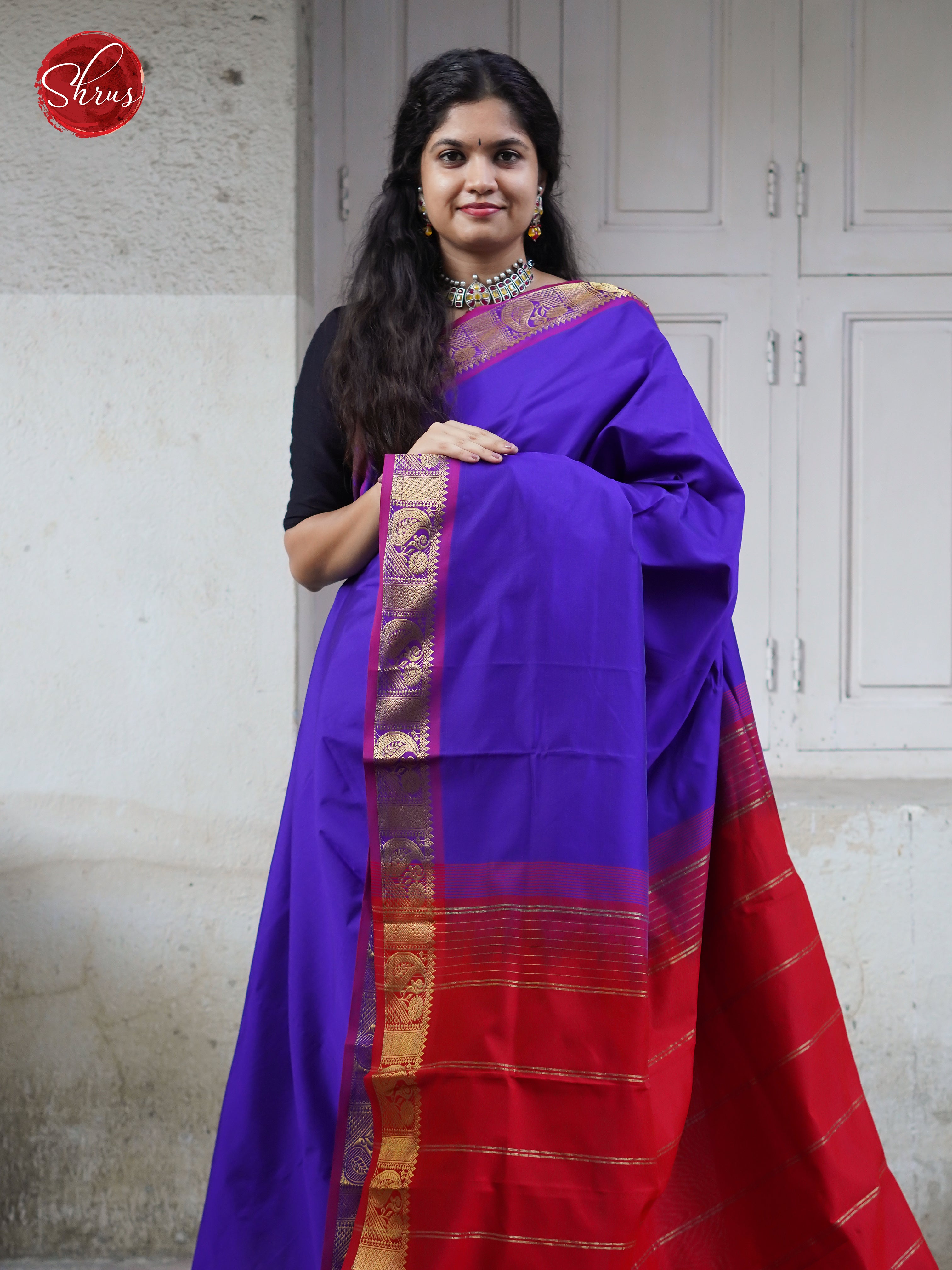 Blue & Red - Silk cotton-half pure Saree - Shop on ShrusEternity.com