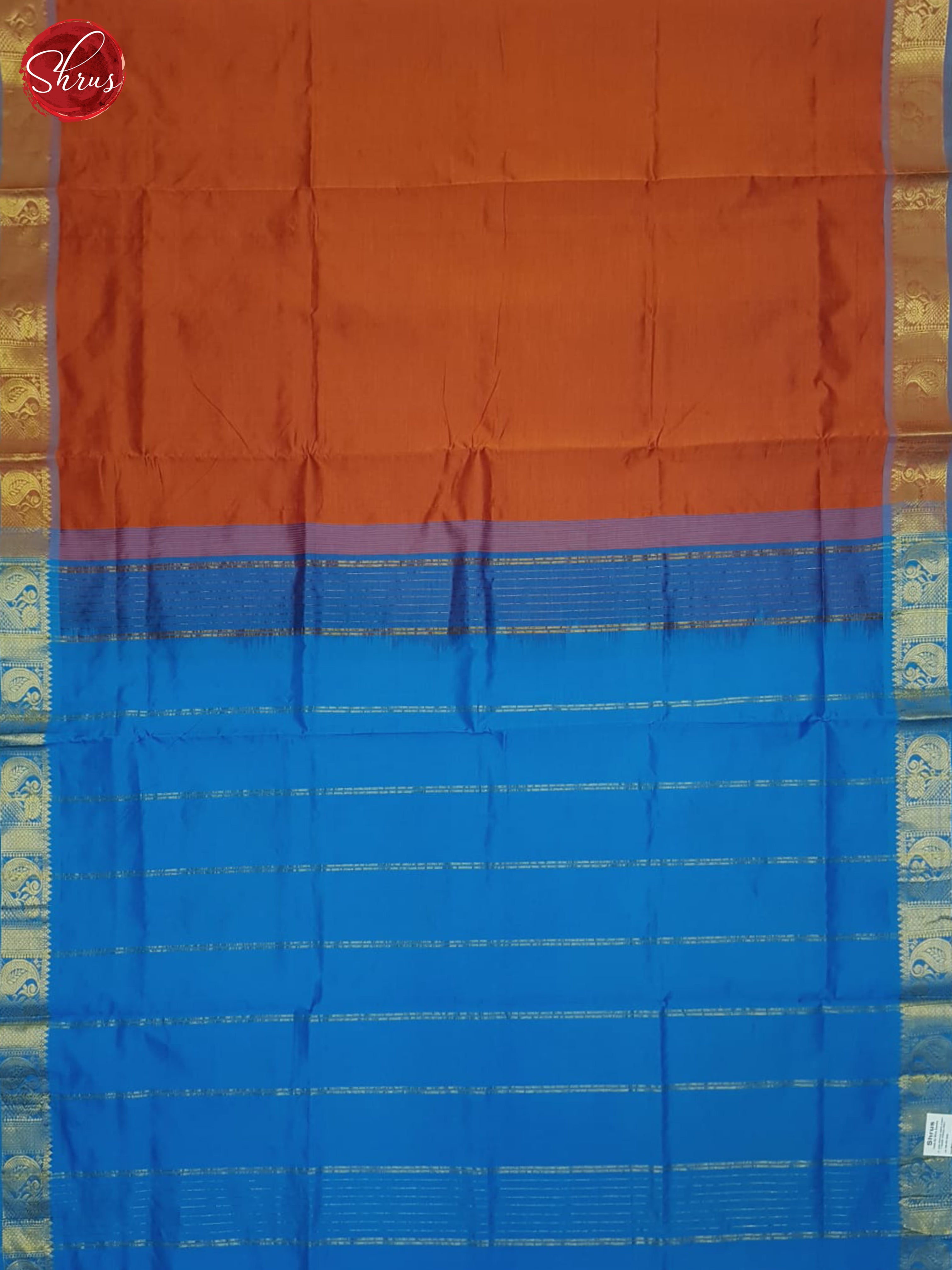 Orange And Blue- Silk Cotton half-pure Saree - Shop on ShrusEternity.com