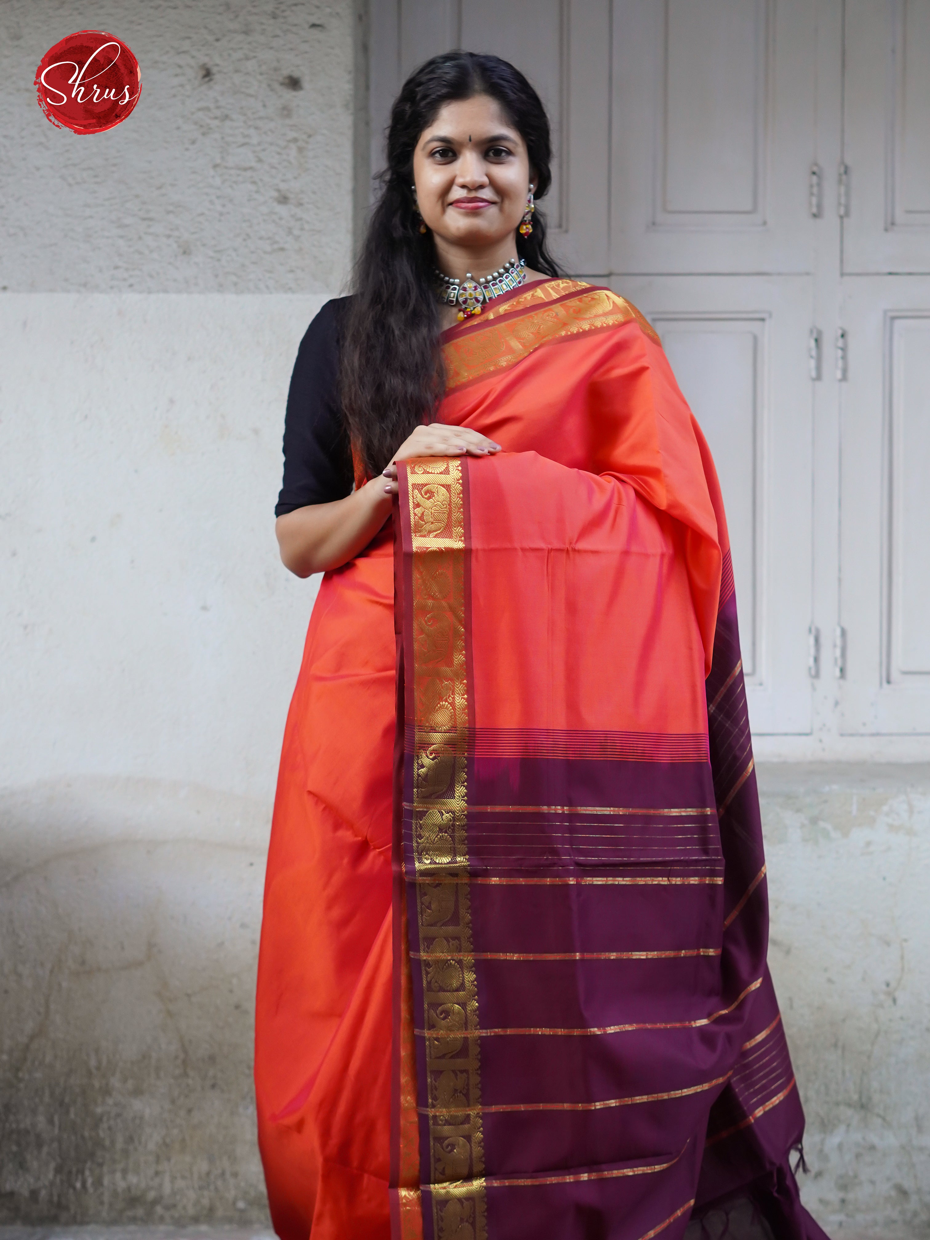 Orange & Wine- Silk Cotton-Half pure Saree - Shop on ShrusEternity.com