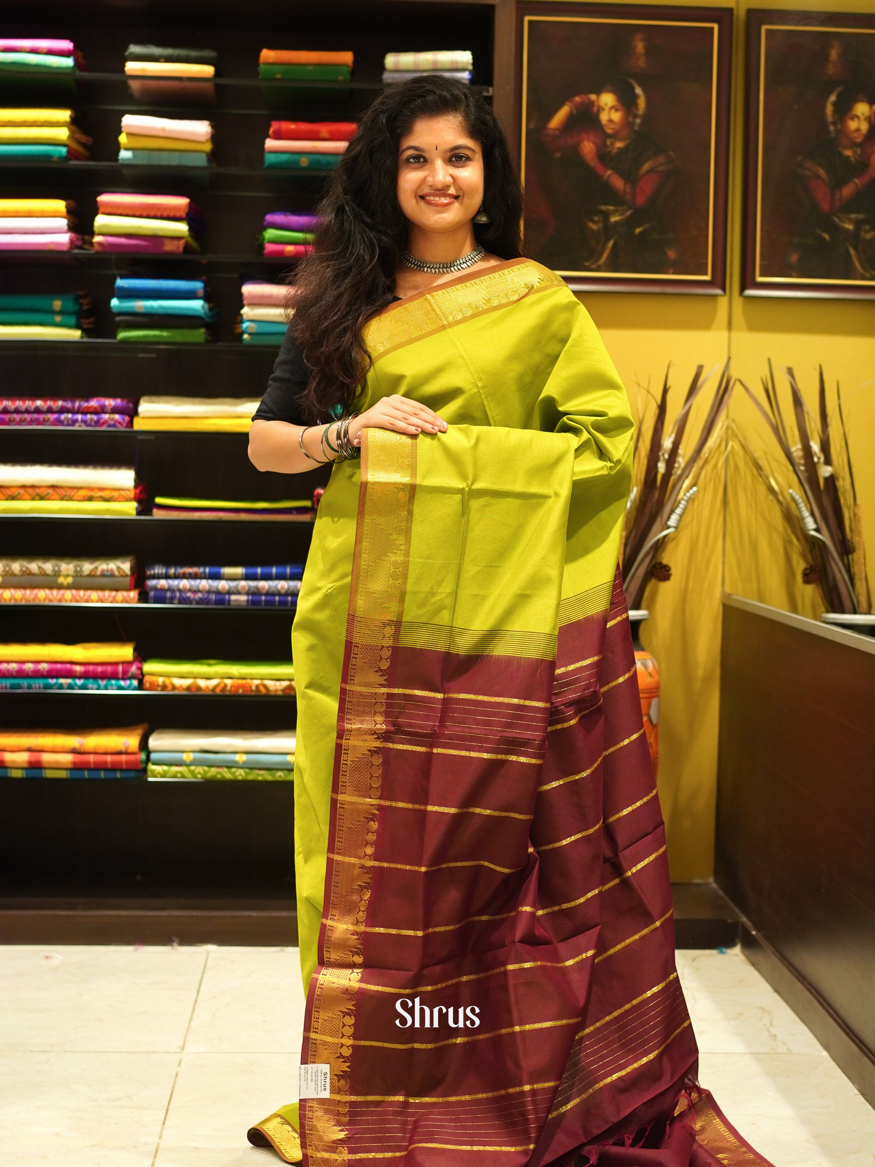 Green And Araku Maroon- Silk Cotton Half-pure Saree - Shop on ShrusEternity.com