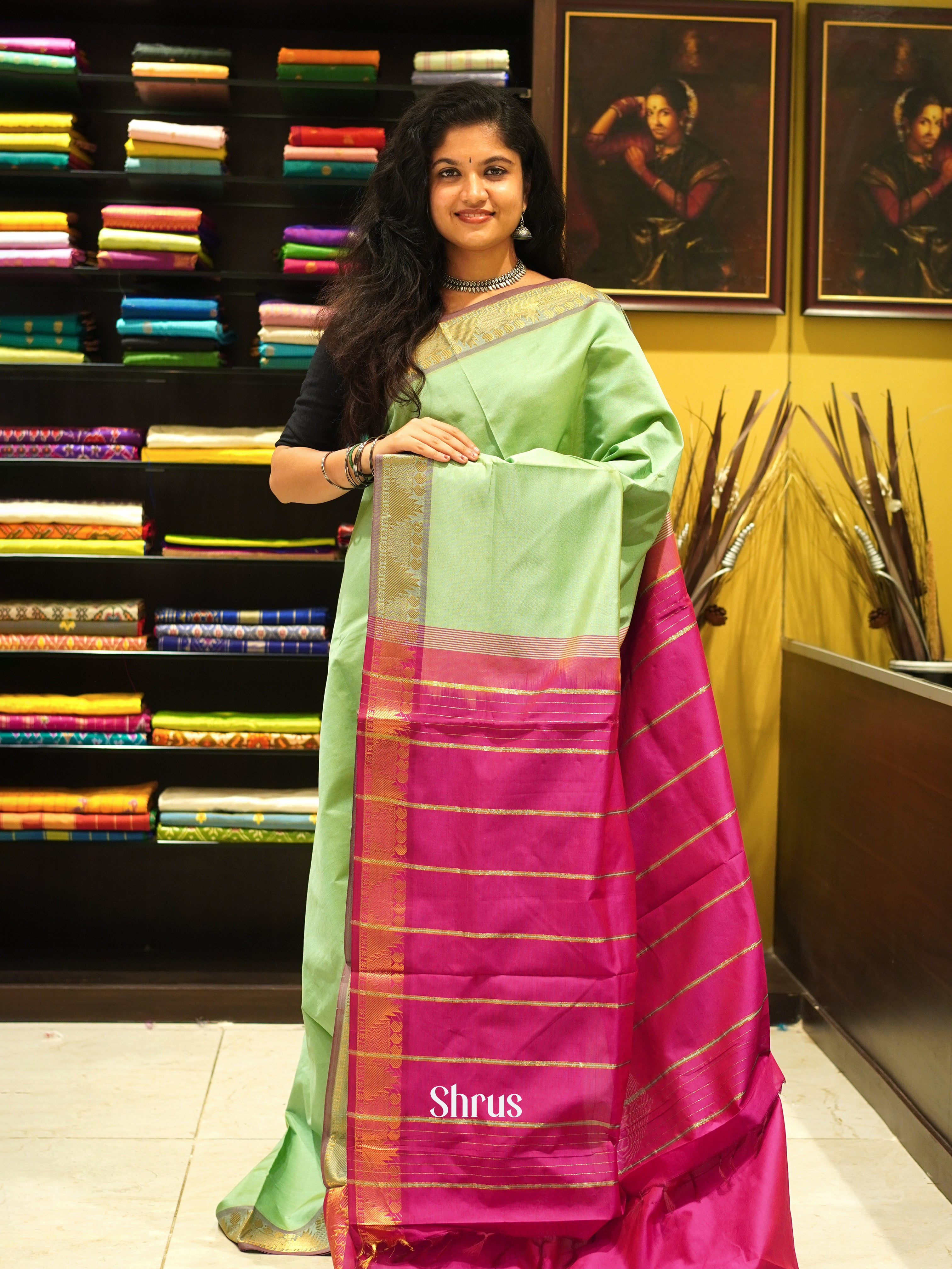 Green And Pink- Silk Cotton Half-pure Saree - Shop on ShrusEternity.com