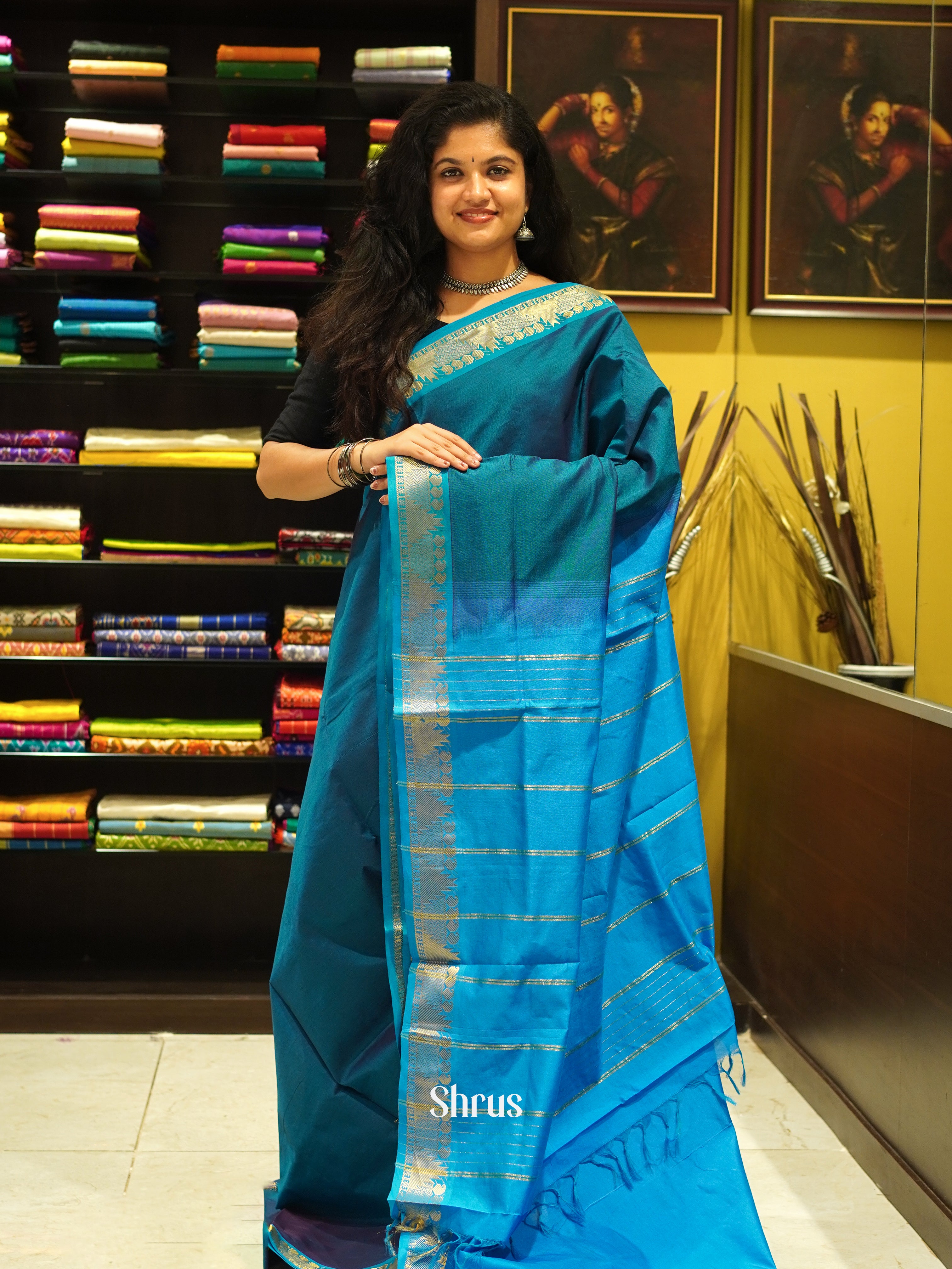 Green And Blue- SIlk Cotton half-pure Saree - Shop on ShrusEternity.com