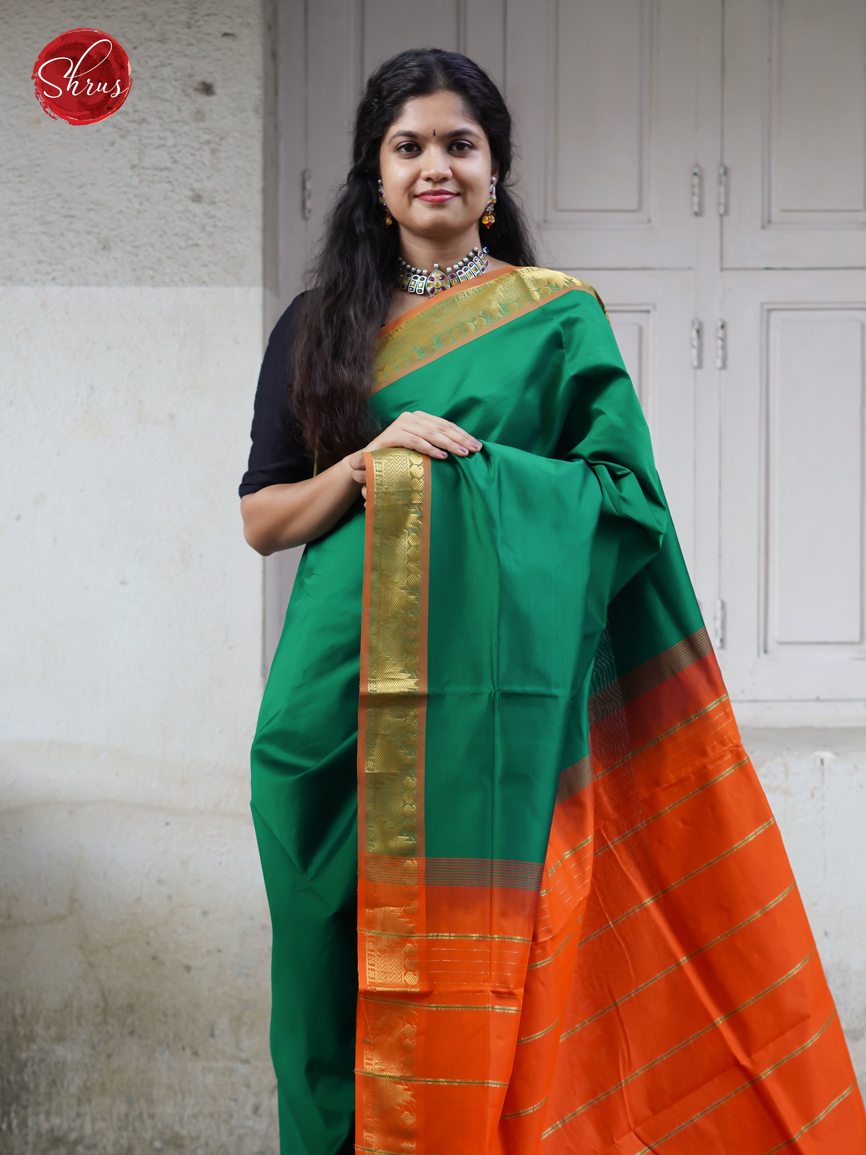 Green & Orange - Silk cotton-half pure Saree - Shop on ShrusEternity.com