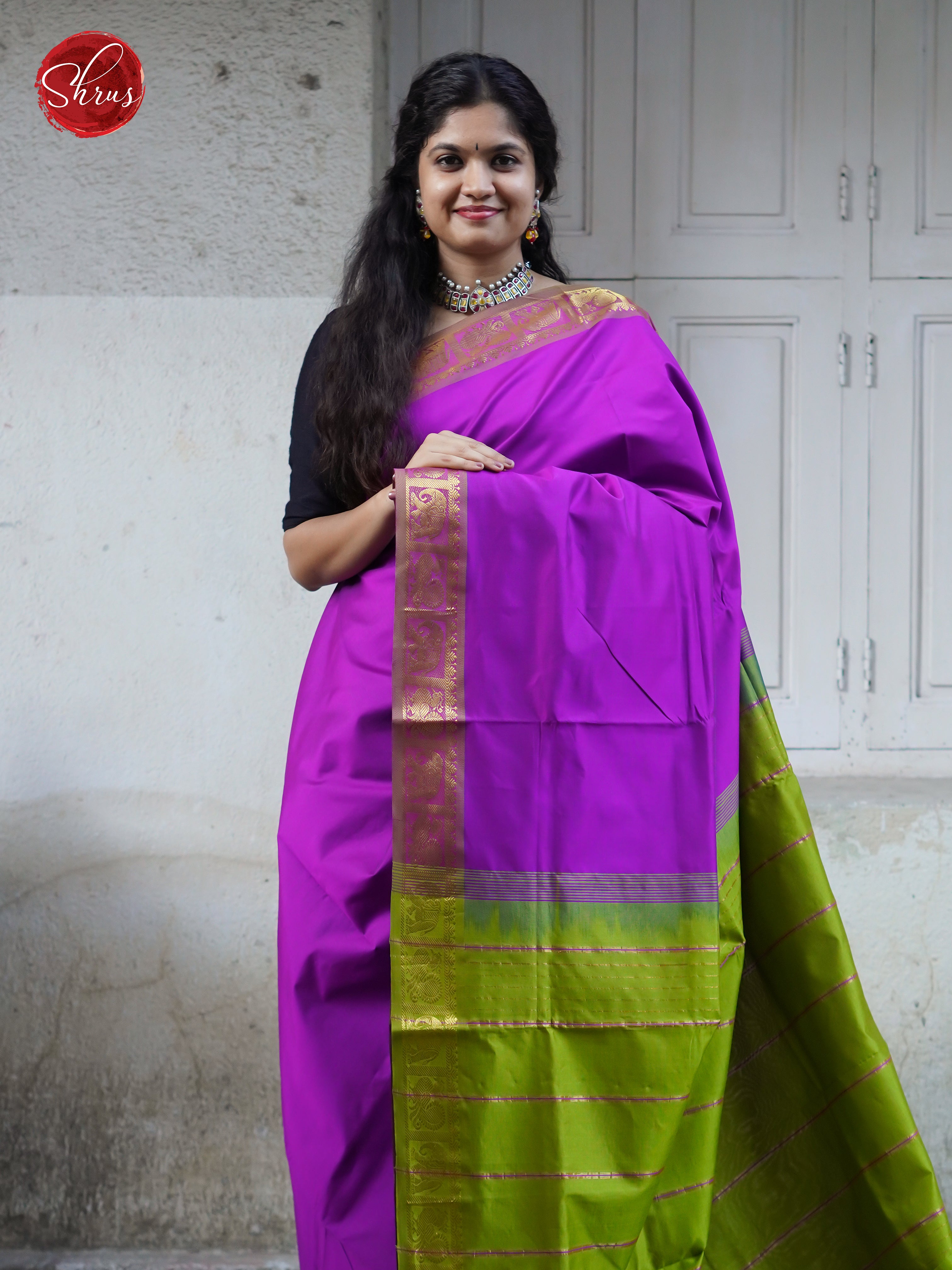 Purple & Green - Silk cotton-half pure Saree - Shop on ShrusEternity.com