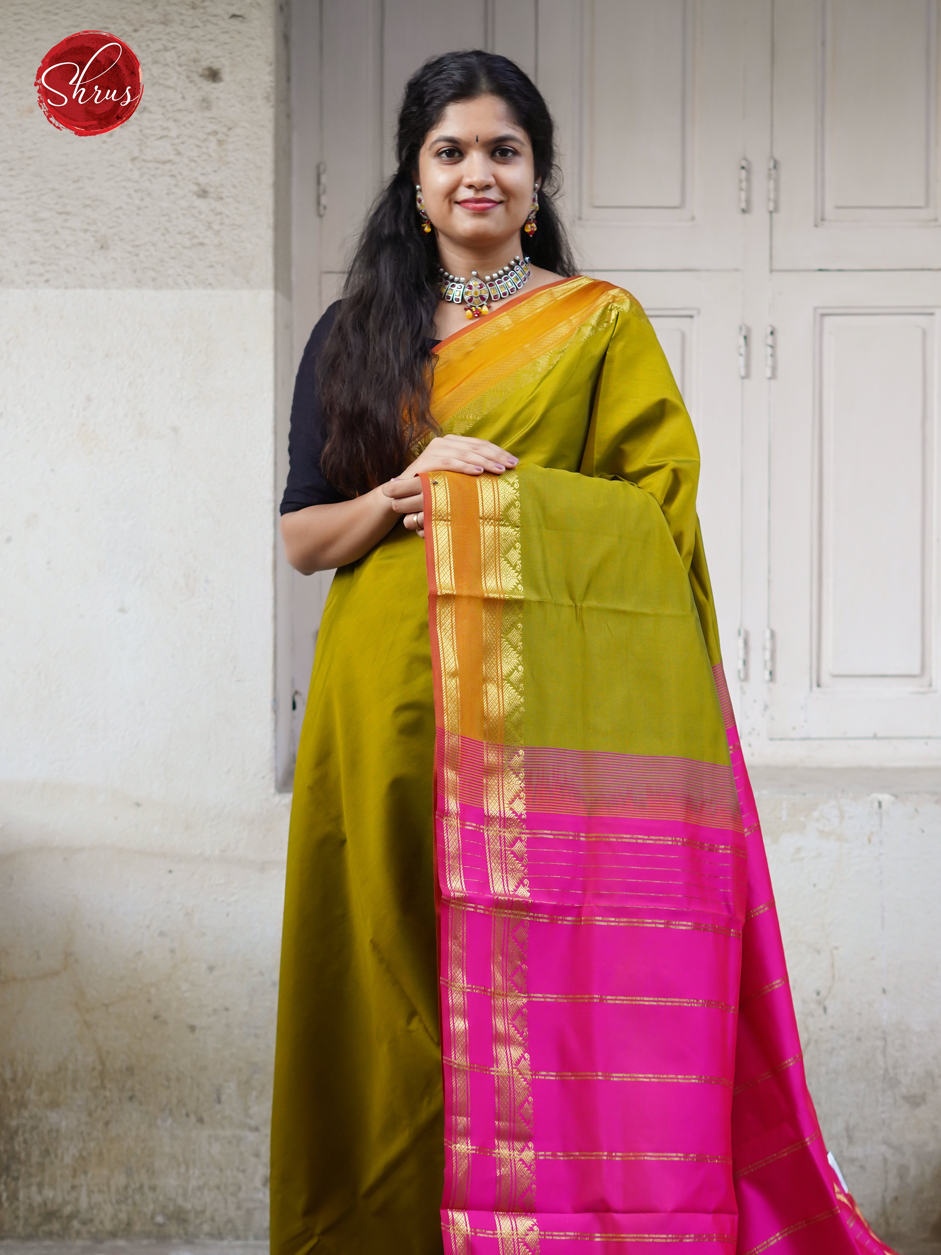 Green & Pink  - Silk cotton-half pure Saree - Shop on ShrusEternity.com