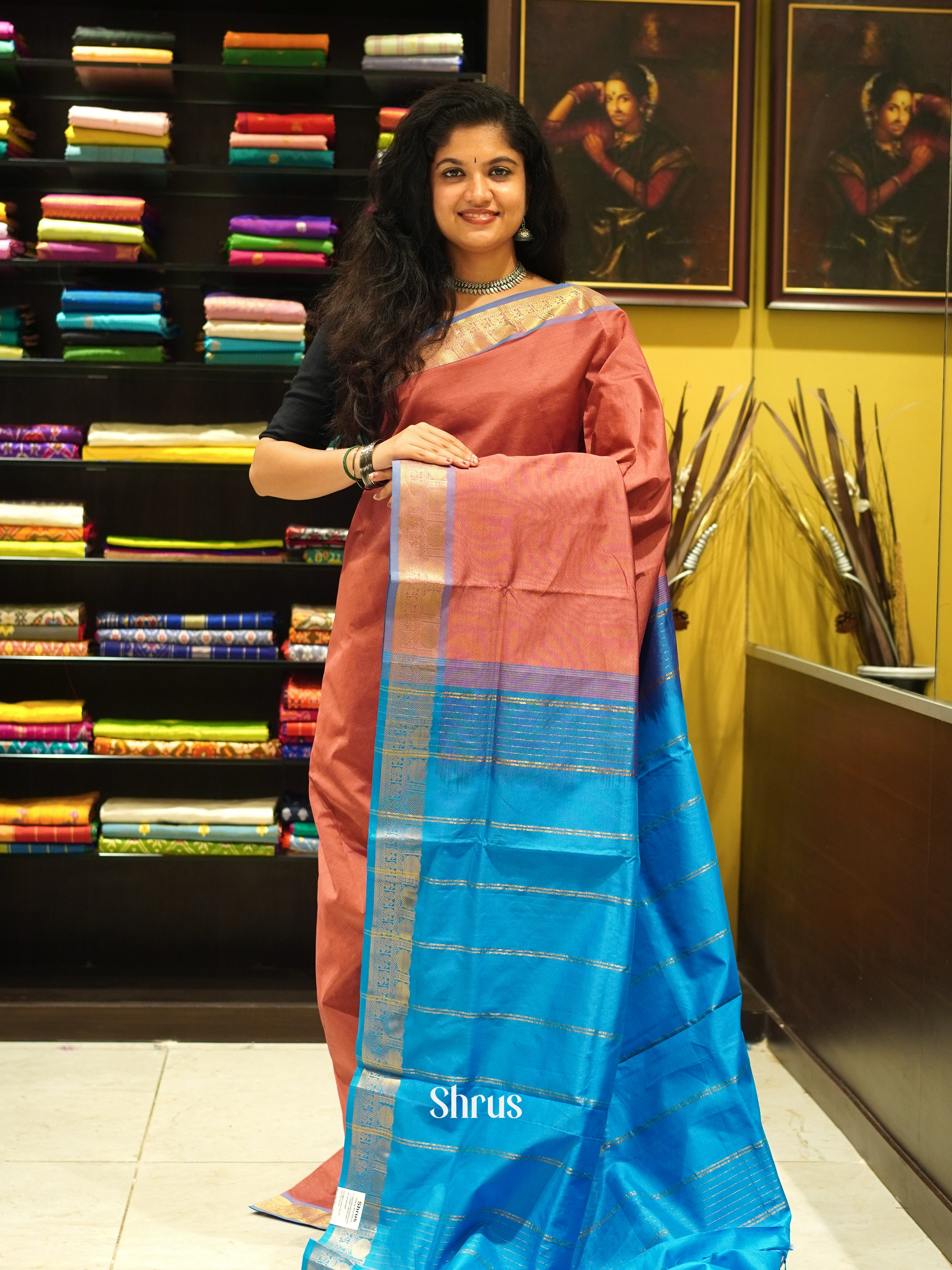 Brick Red And Blue- Silk Cotton half-pure Saree - Shop on ShrusEternity.com