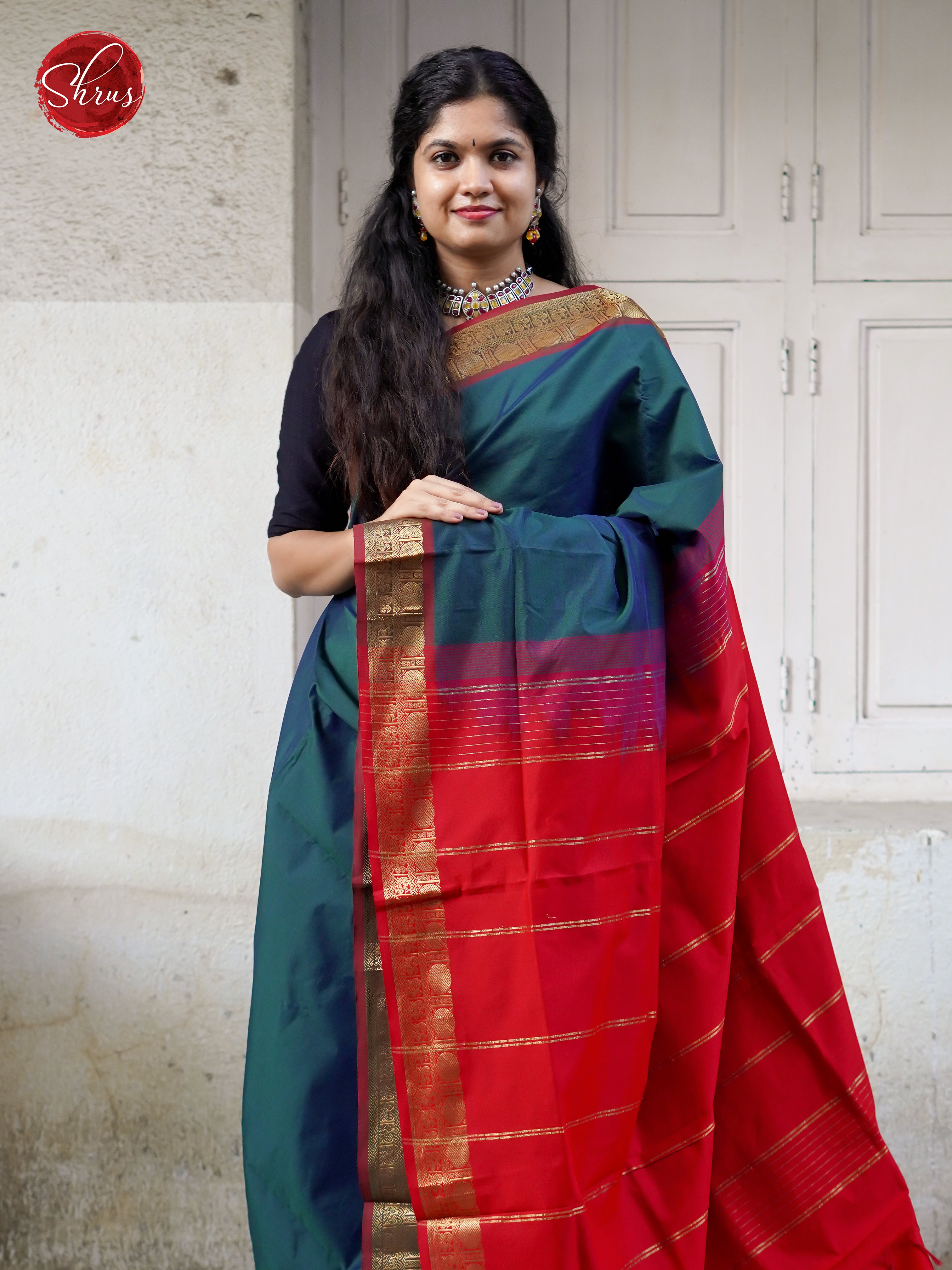 Peacock Green & Red - Silk Cotton-half pure Saree - Shop on ShrusEternity.com
