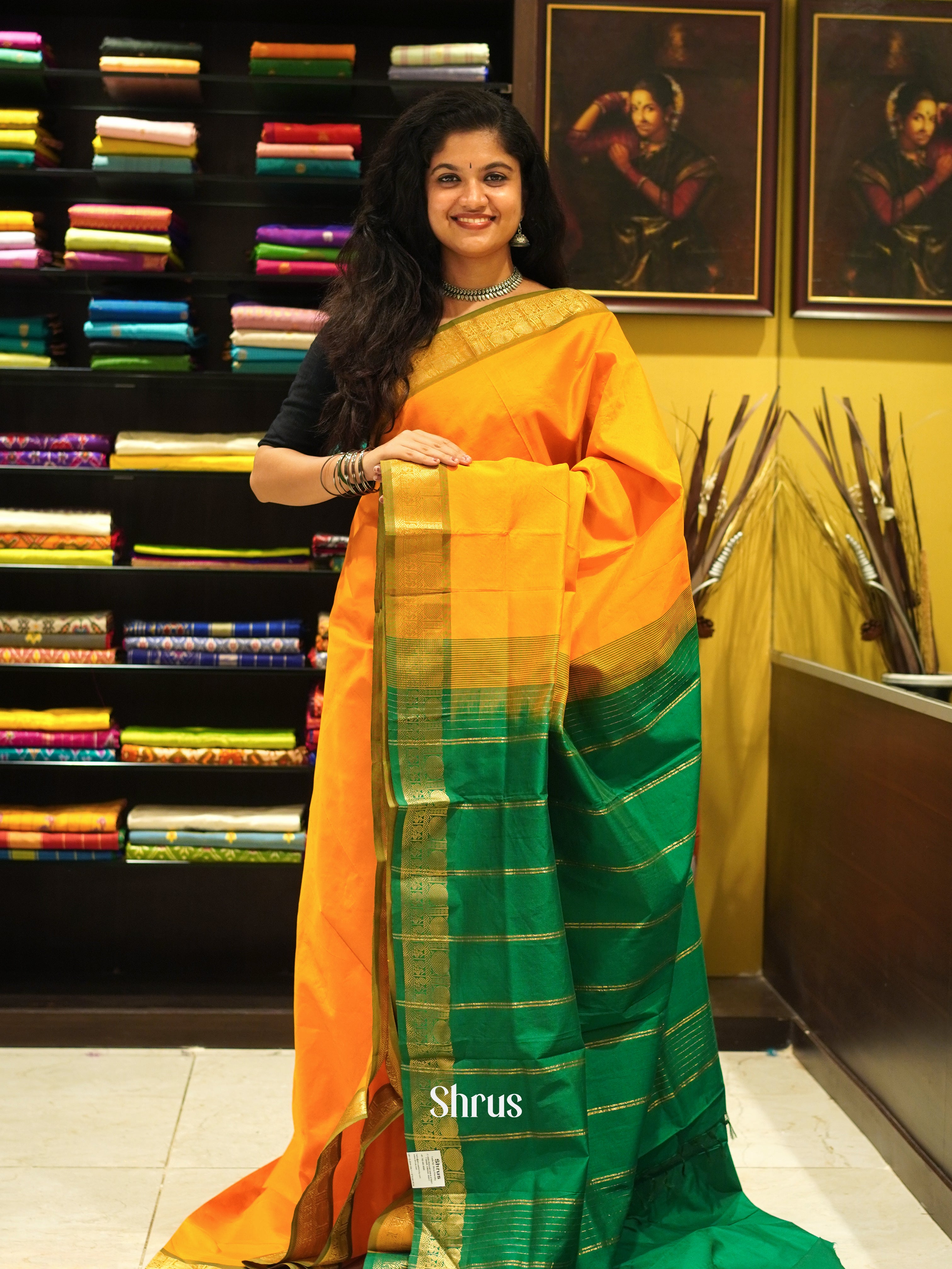 Mambala Yellow And Green- Silk Cotton Half-pure saree - Shop on ShrusEternity.com