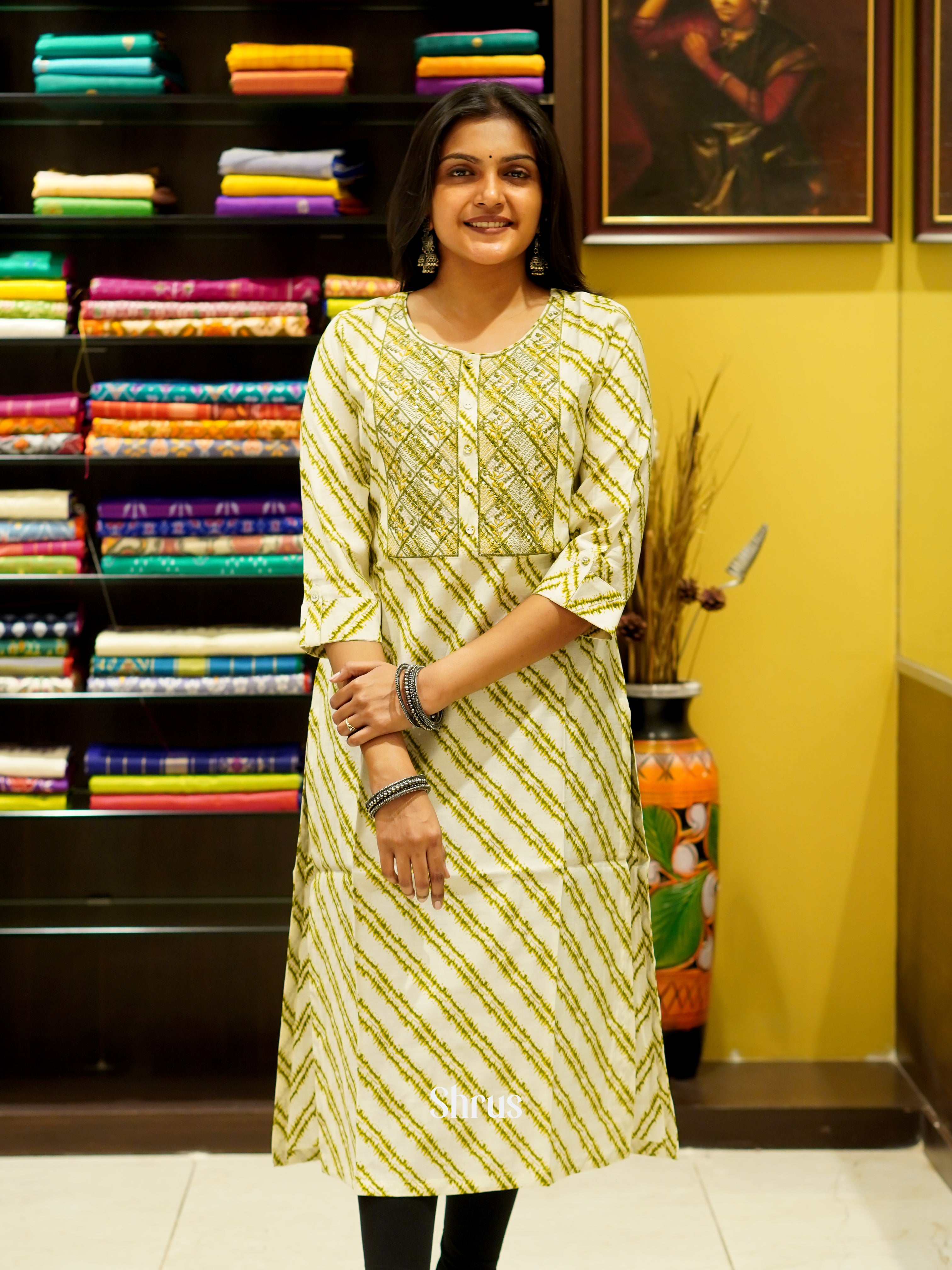 Cream & Green- Readymade Kurti - Shop on ShrusEternity.com