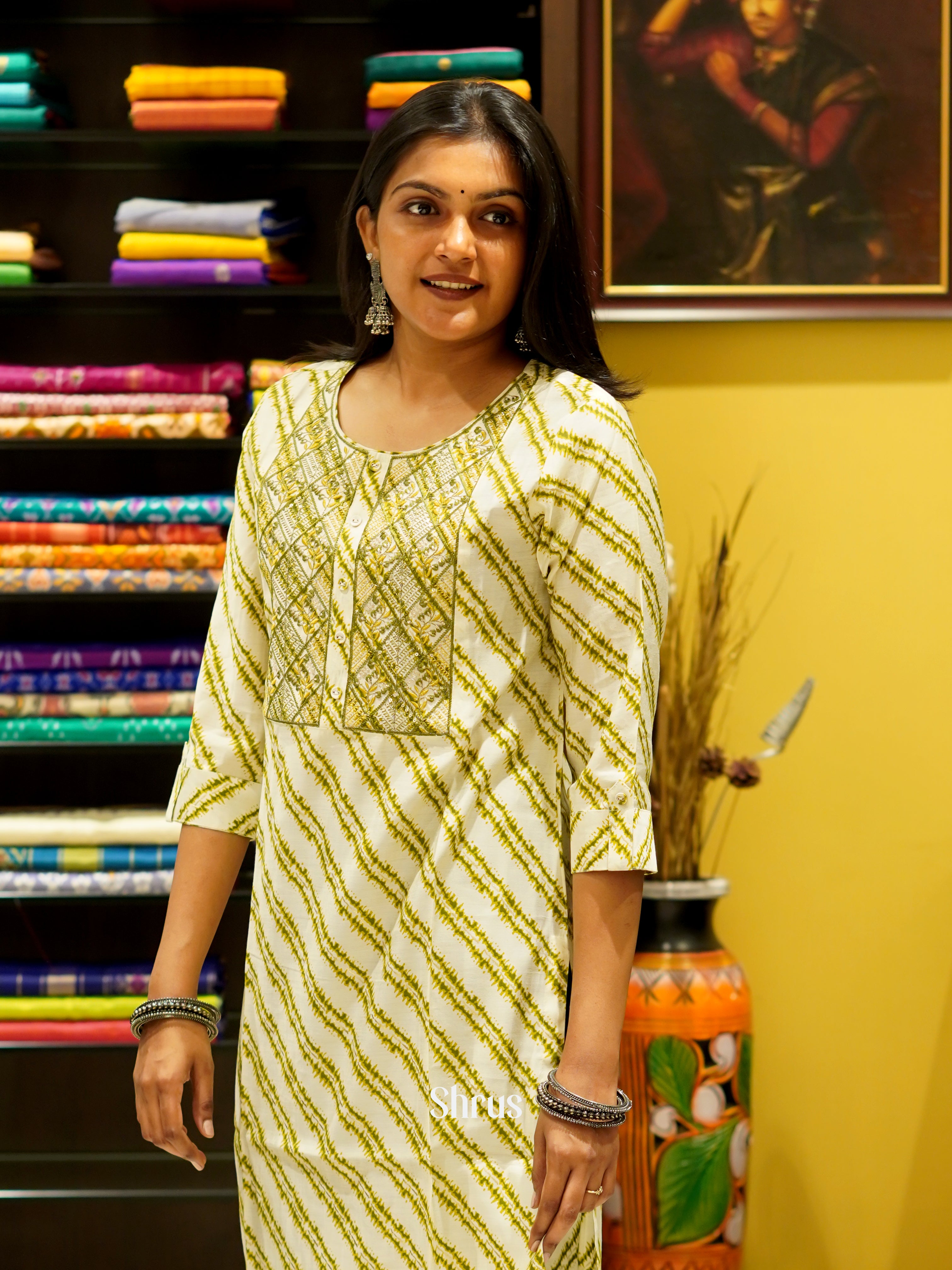 Cream & Green- Readymade Kurti - Shop on ShrusEternity.com