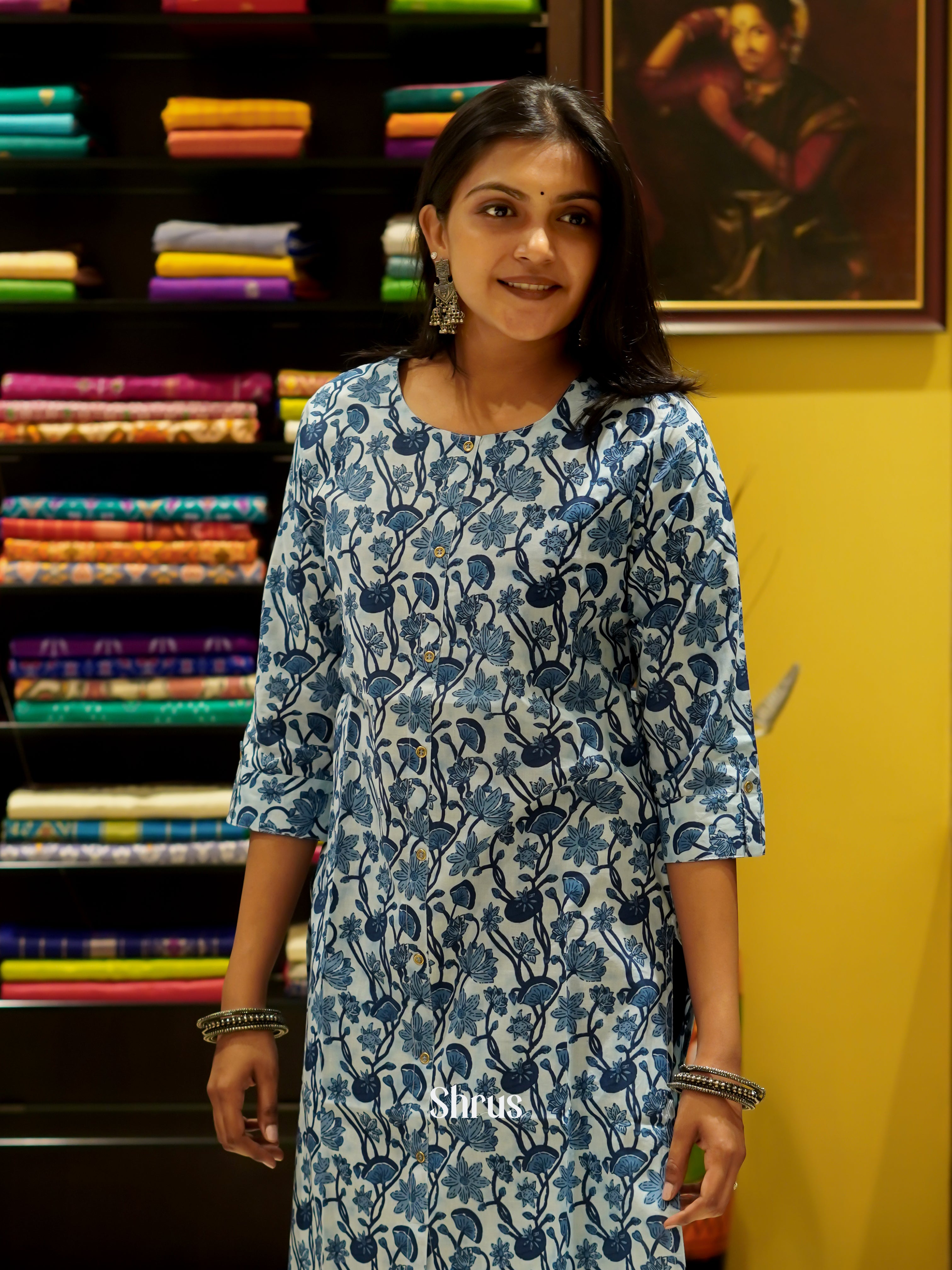 Cream & Blue - Readymade Kurti - Shop on ShrusEternity.com