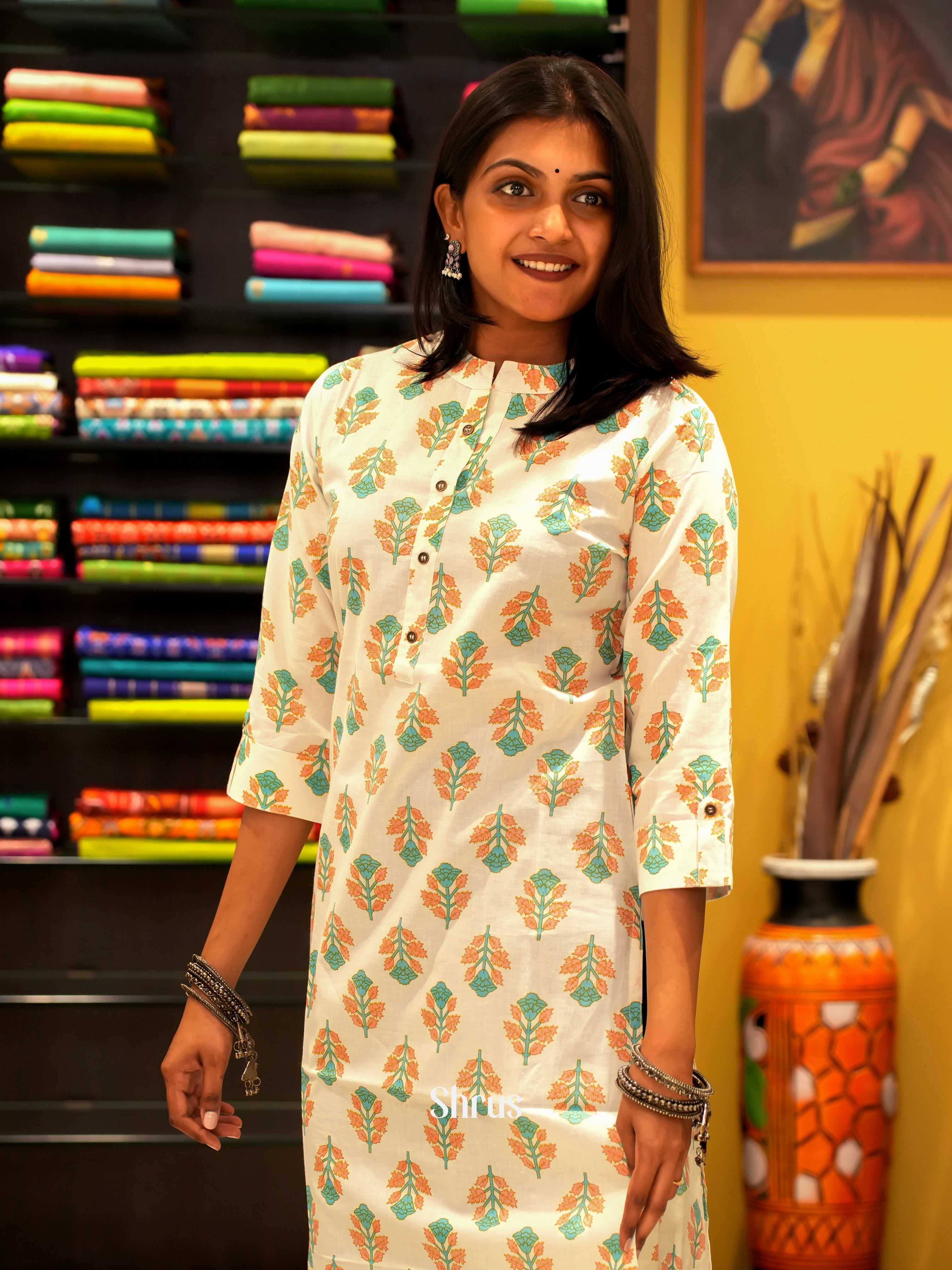 White - Readymade printed Kurti - Shop on ShrusEternity.com