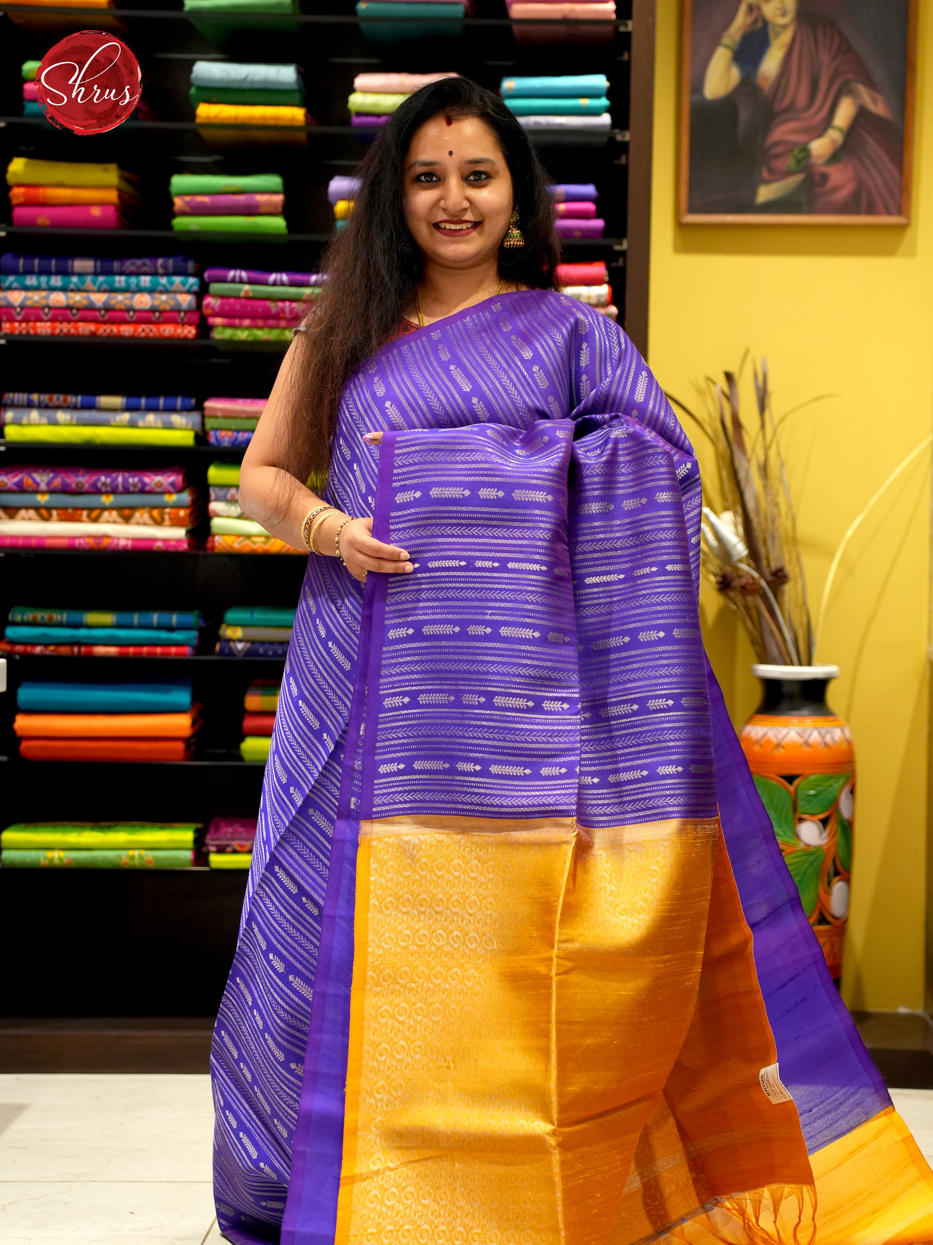 Violet blue and Mustard- Raw Silk Saree - Shop on ShrusEternity.com