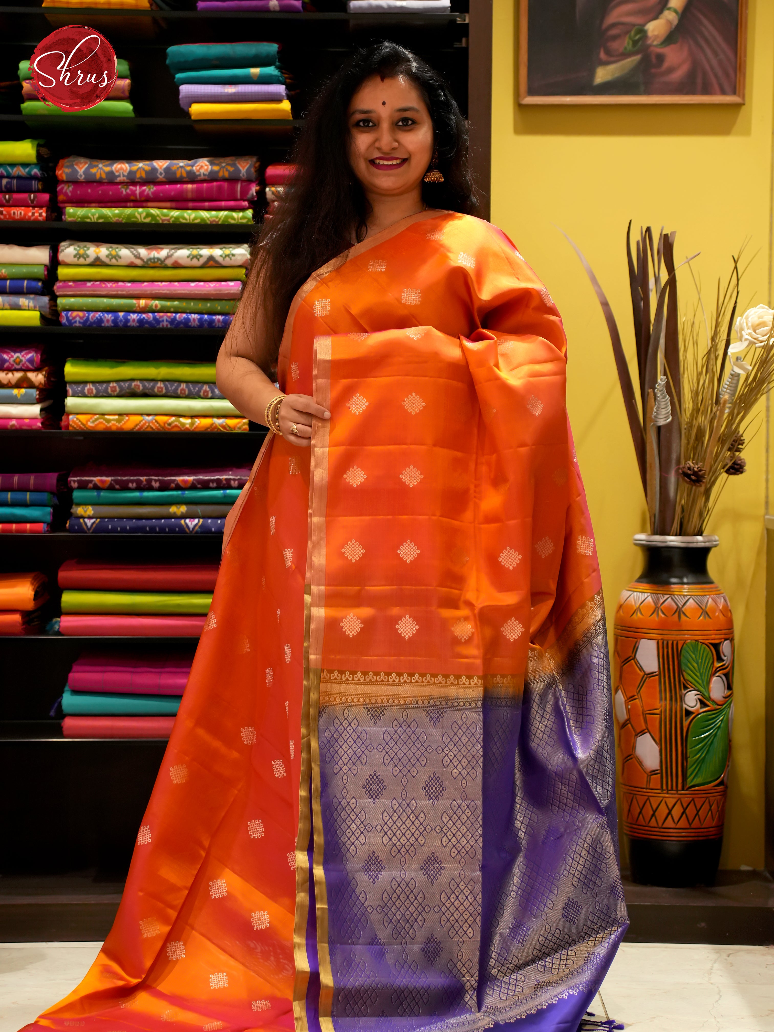 Orange And blue- Soft Silk Saree - Shop on ShrusEternity.com