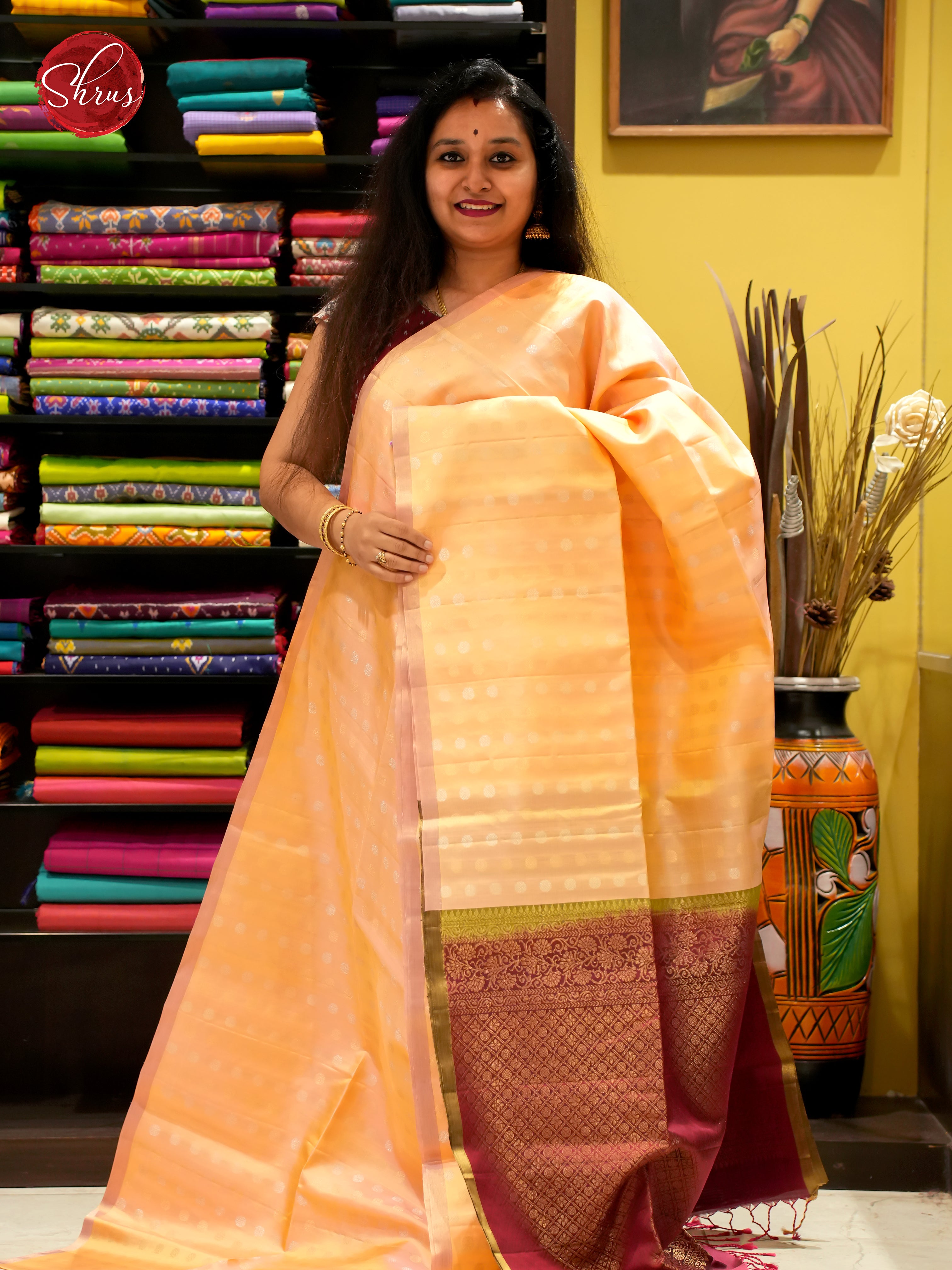 Peach And Maroon- Soft Silk Saree - Shop on ShrusEternity.com