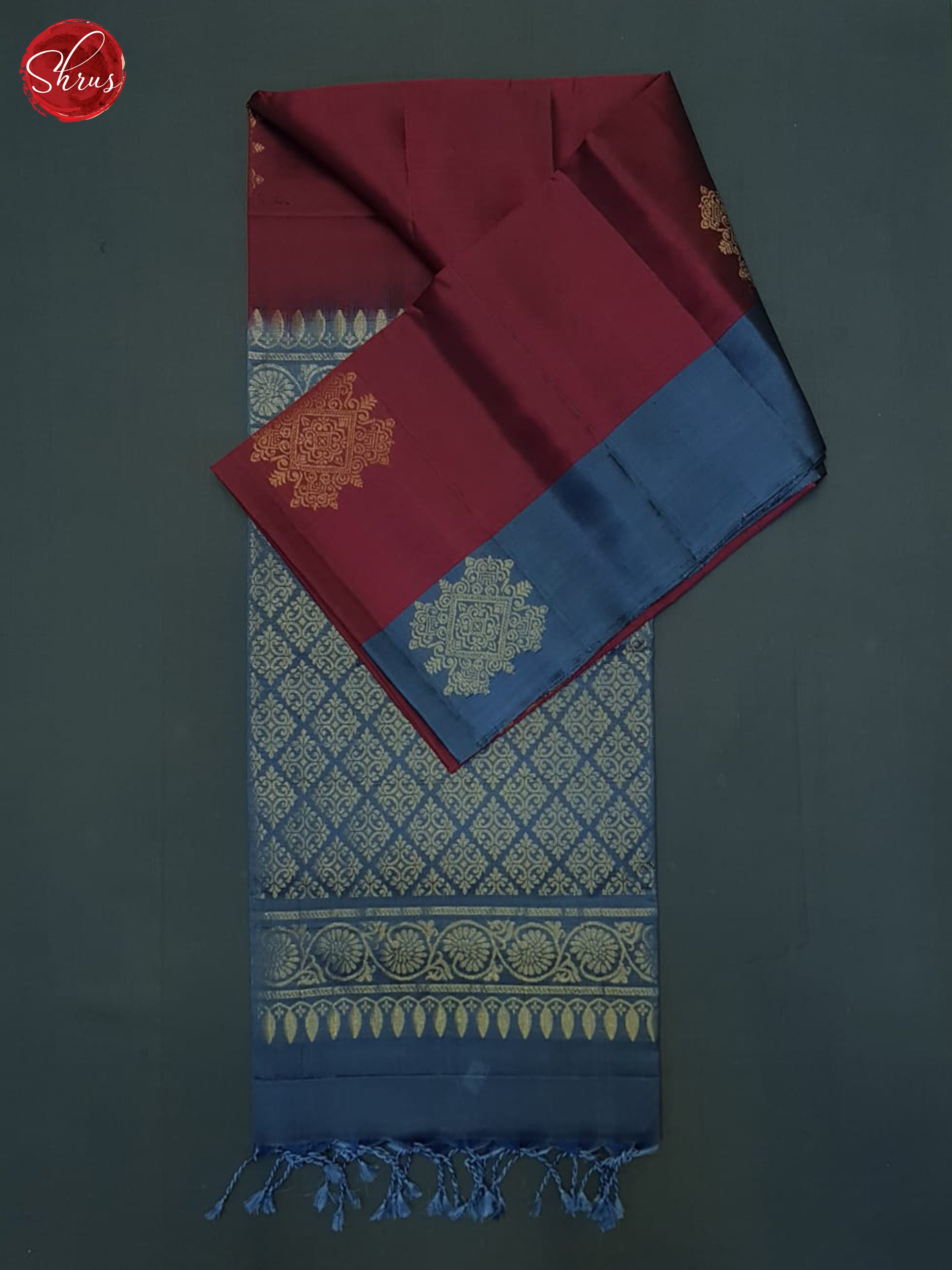 Maroon And Bluish Grey- Soft Silk Half-pure Saree - Shop on ShrusEternity.com