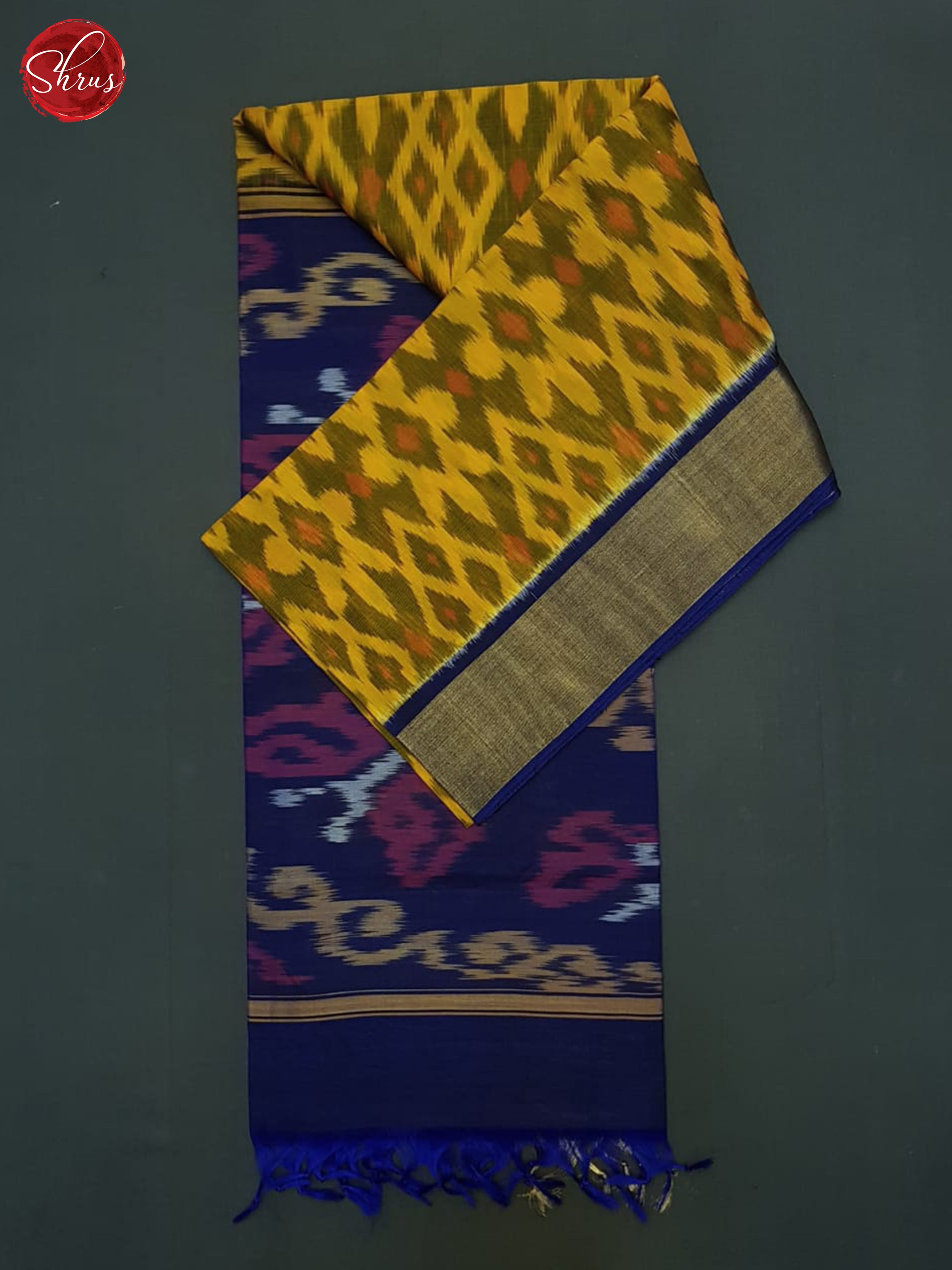 Mustard And Blue-Pochampally Silk Cotton saree - Shop on ShrusEternity.com