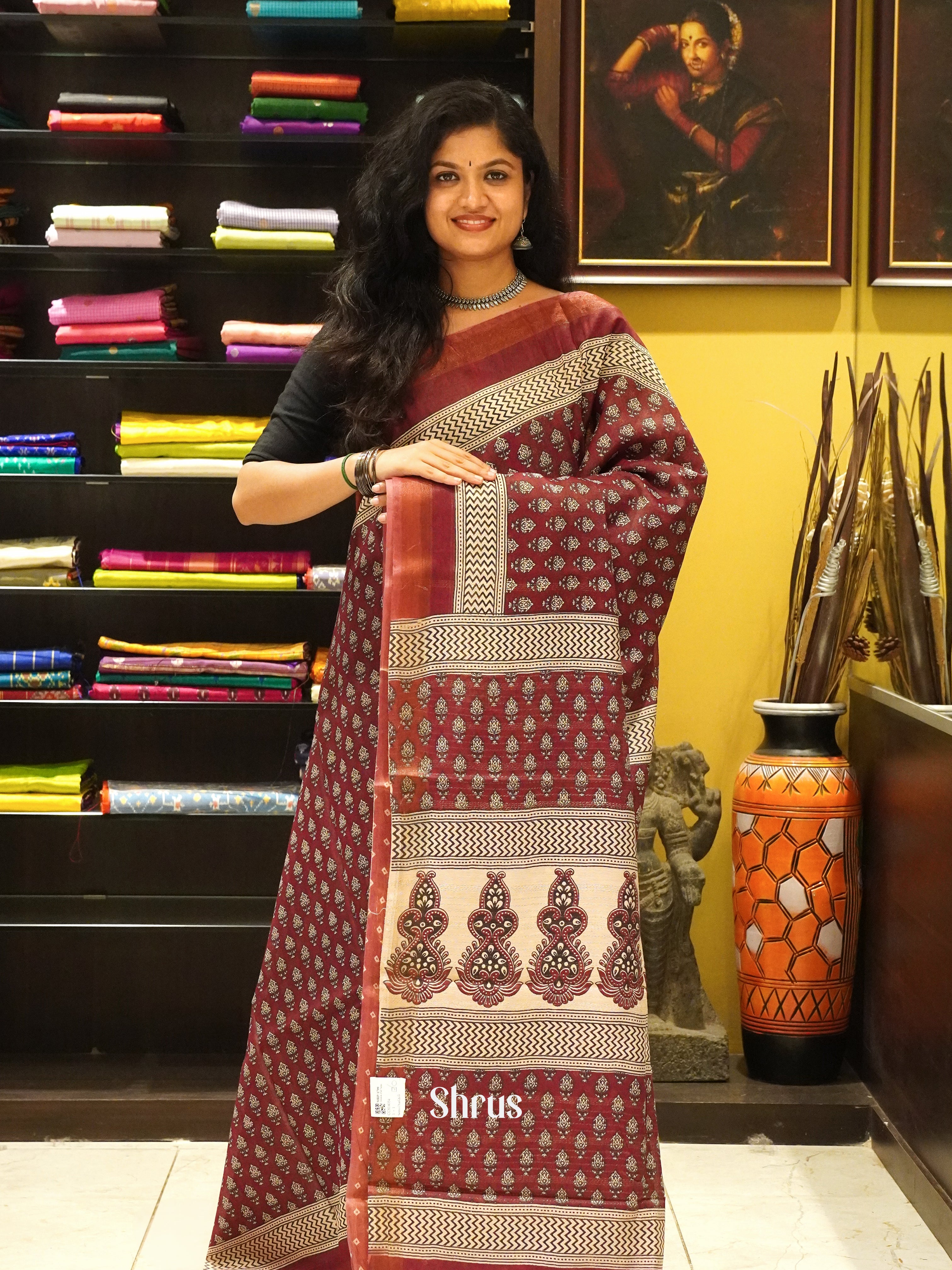 Maroon(Single Tone) - Semi Chanderi Saree - Shop on ShrusEternity.com