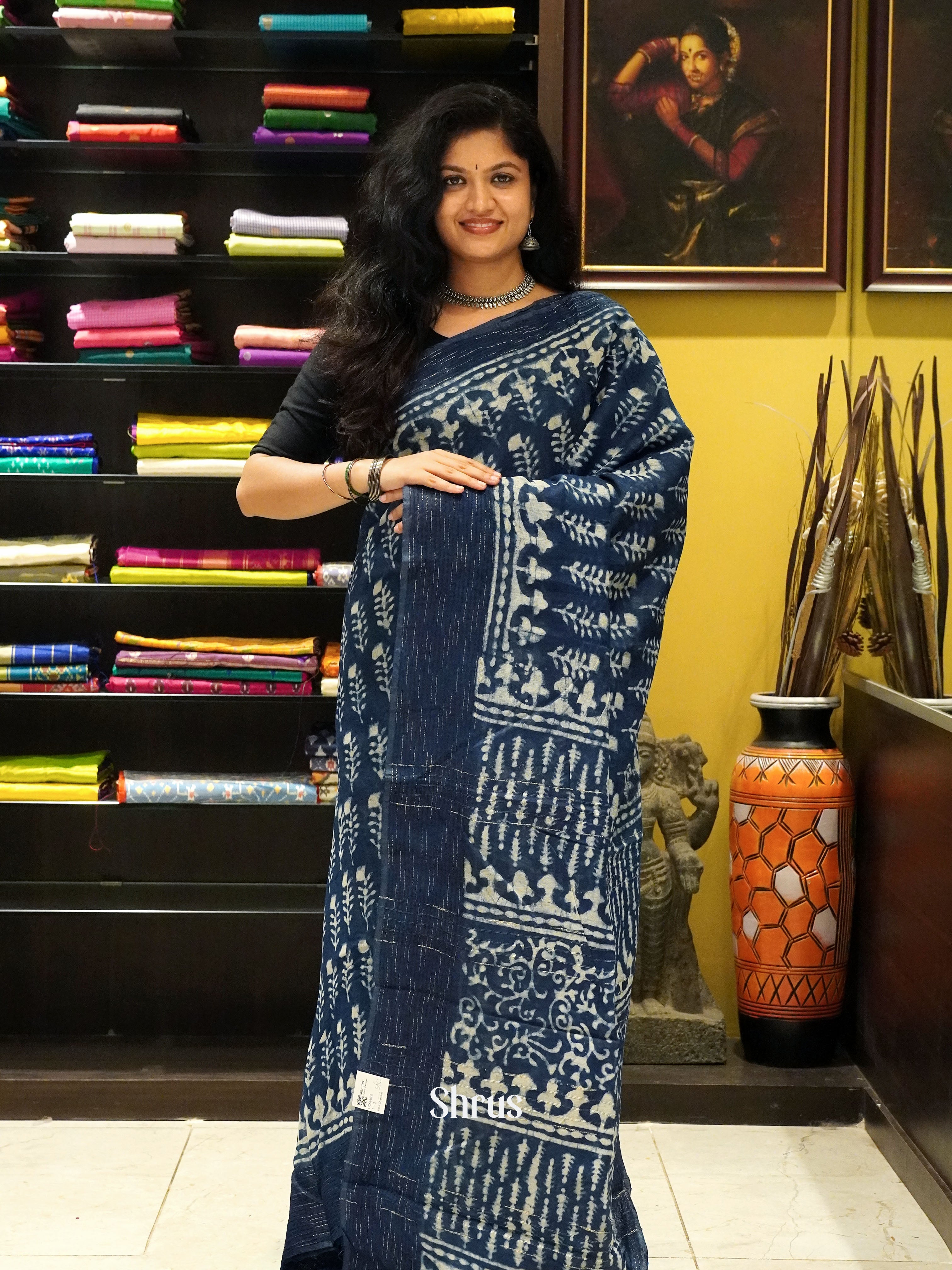 Blue (Single Tone) - Semi Chanderi Saree - Shop on ShrusEternity.com